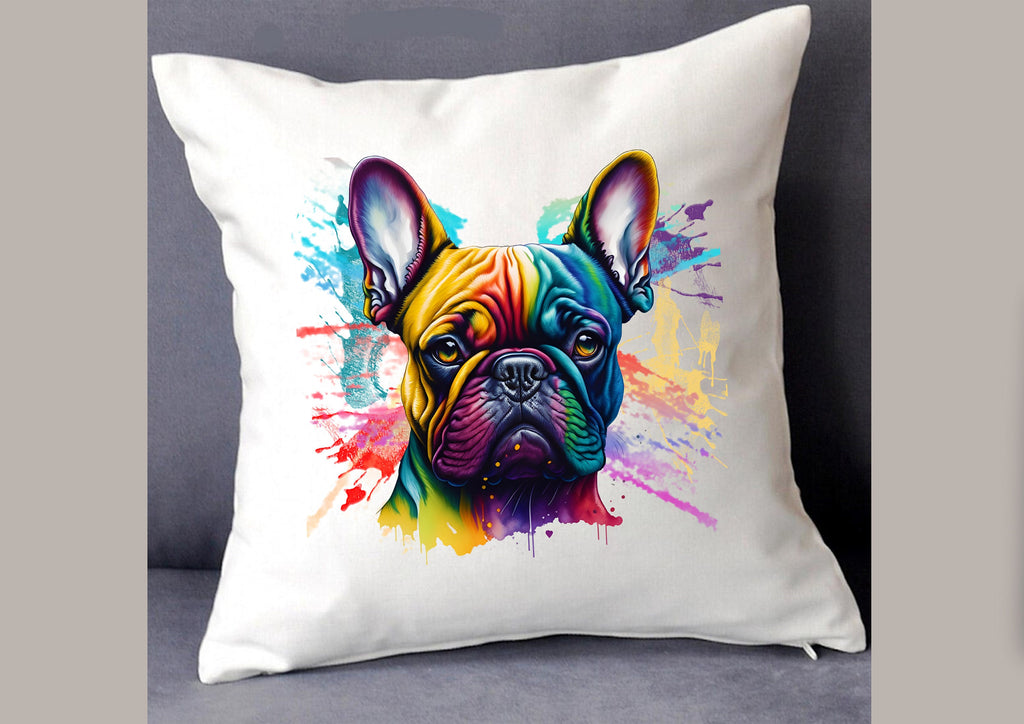 French bulldog color splash mug, coaster, personalised money box, shopping bag, and cushion cover – vibrant Frenchie dog lover gifts

