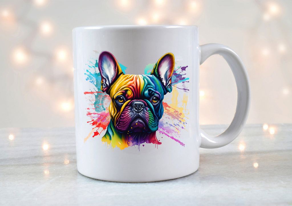 French bulldog color splash mug, coaster, personalised money box, shopping bag, and cushion cover – vibrant Frenchie dog lover gifts
