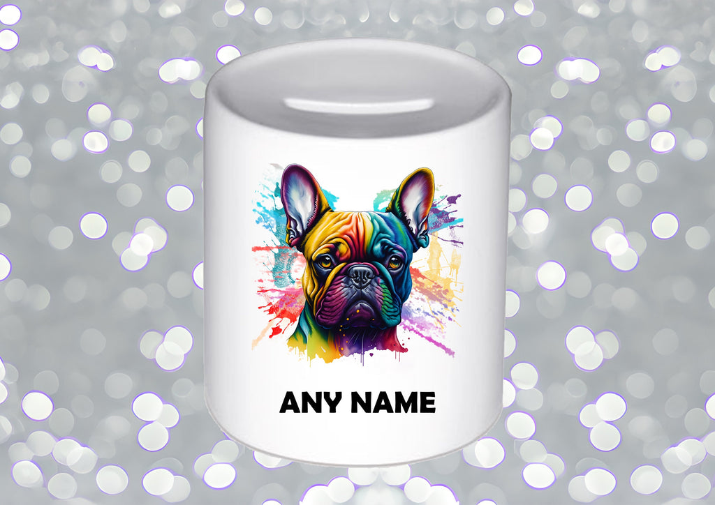French bulldog color splash mug, coaster, personalised money box, shopping bag, and cushion cover – vibrant Frenchie dog lover gifts
