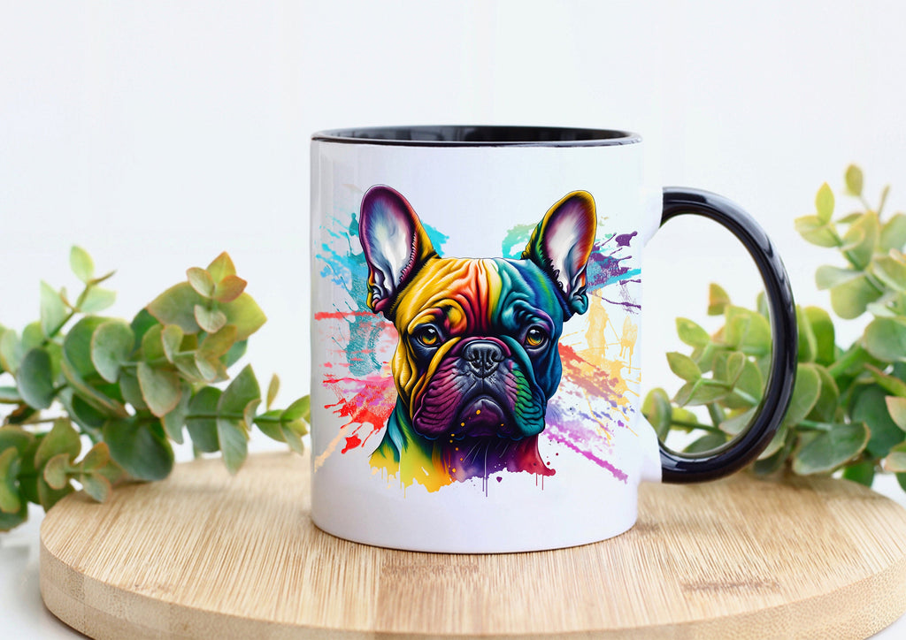 French bulldog color splash mug, coaster, personalised money box, shopping bag, and cushion cover – vibrant Frenchie dog lover gifts

