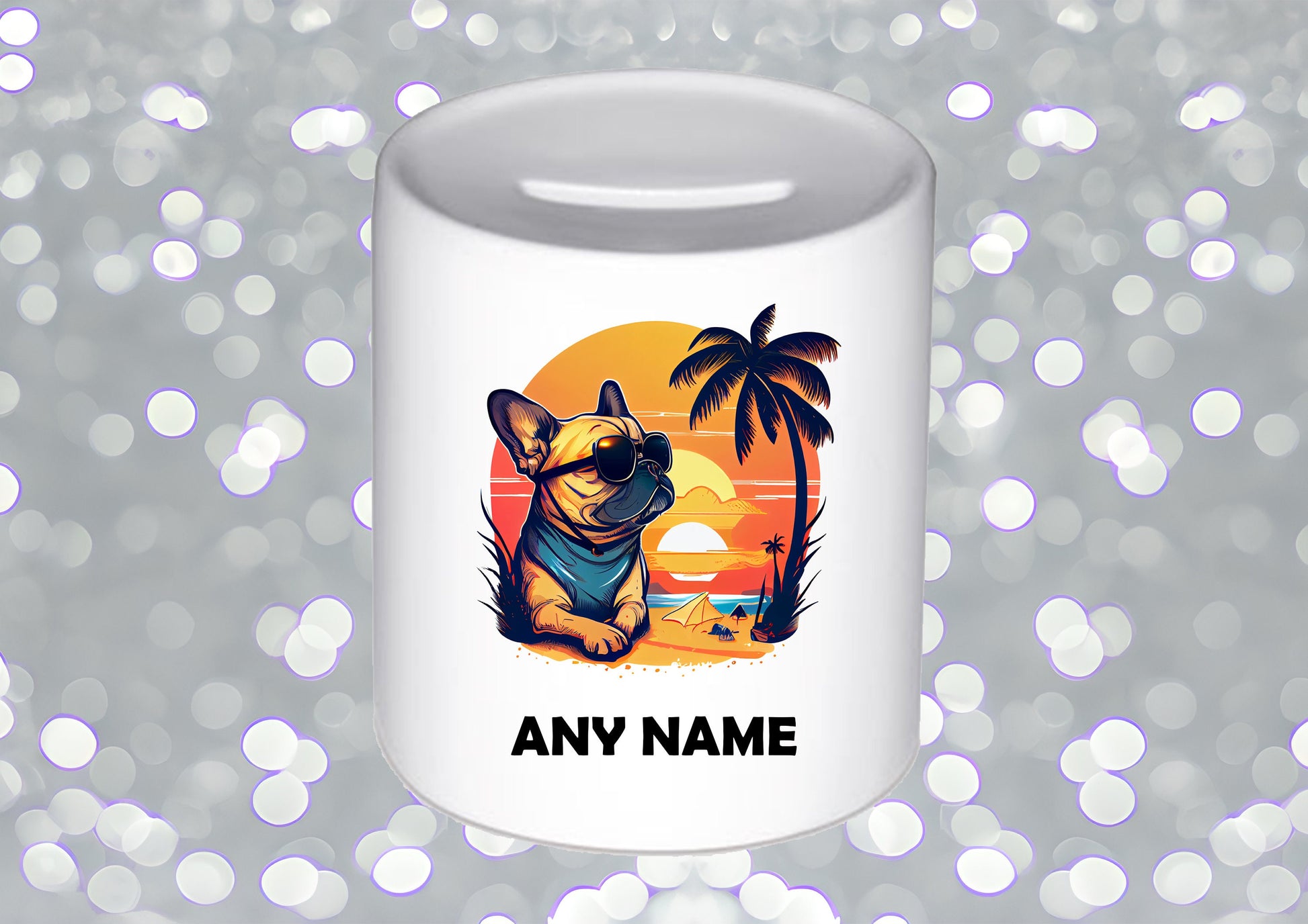 French bulldog color splash mug, coaster, personalised money box, shopping bag, and cushion cover – vibrant Frenchie dog lover gifts