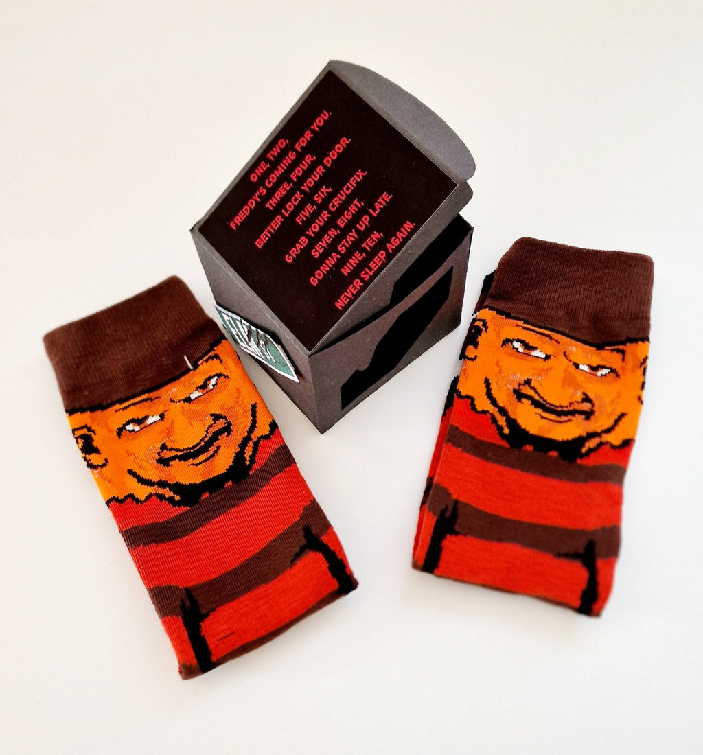 Freddy Krueger socks in Nightmare on Elm Street themed gift box, perfect novelty Halloween gift or Secret Santa present.