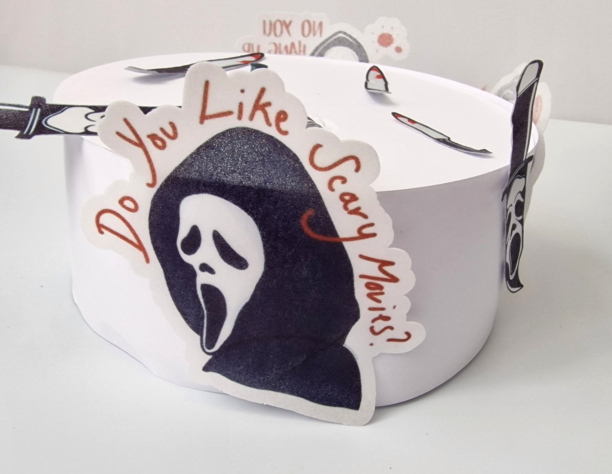 Halloween cake toppers, horror cake. EDIBLE pre cut cupcake decorations party. Have a killer birthday. What's your favourite movie.