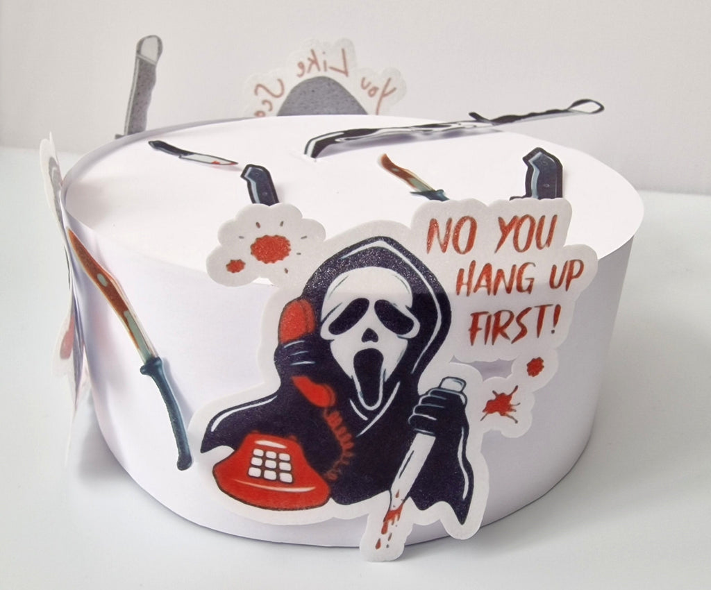 Halloween cake toppers, horror cake. EDIBLE pre cut cupcake decorations party. Have a killer birthday. What's your favourite movie.