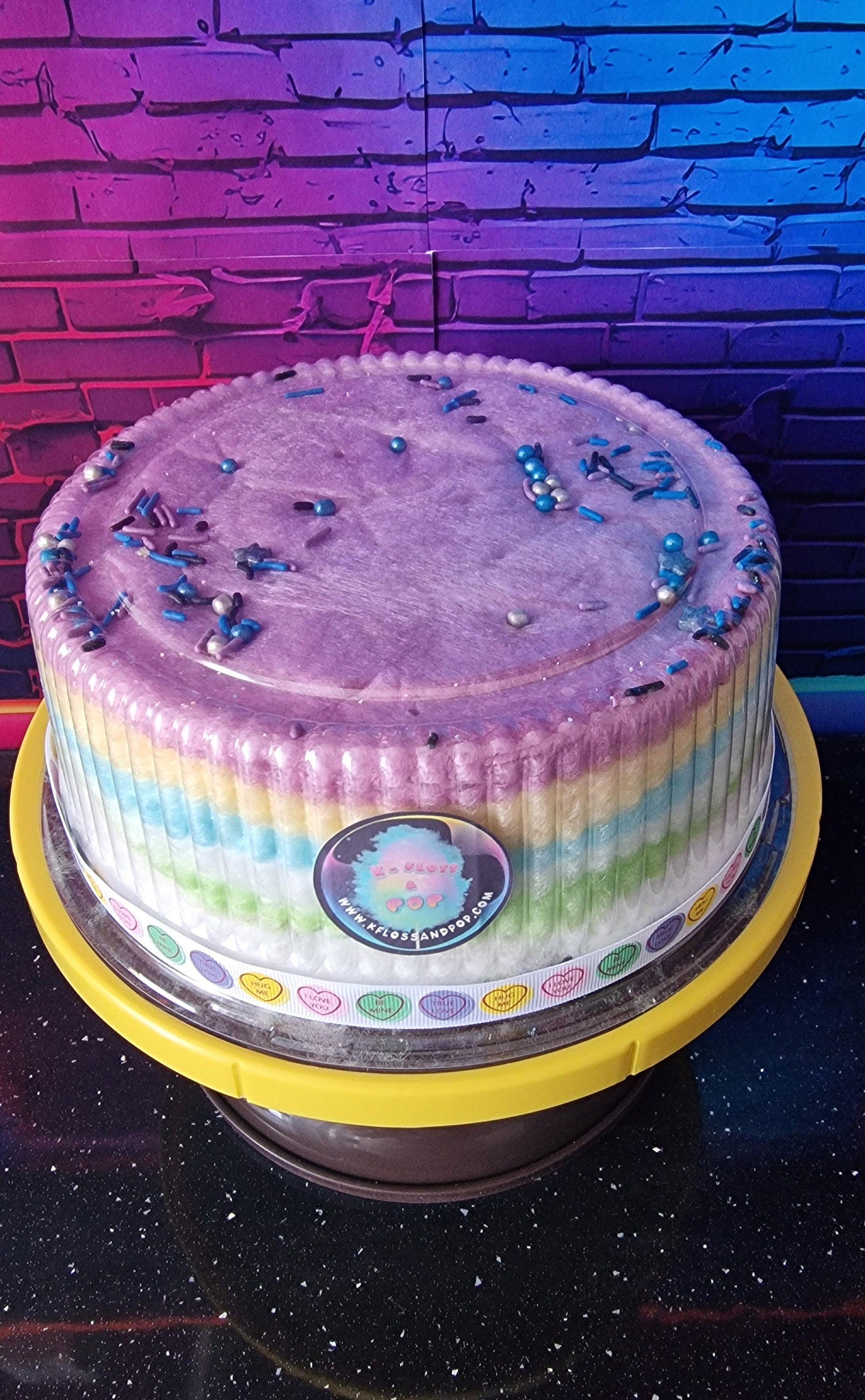 8-inch rainbow candy floss cake with celebration topper, vegan and gluten-free, perfect for birthdays, weddings, or Christmas