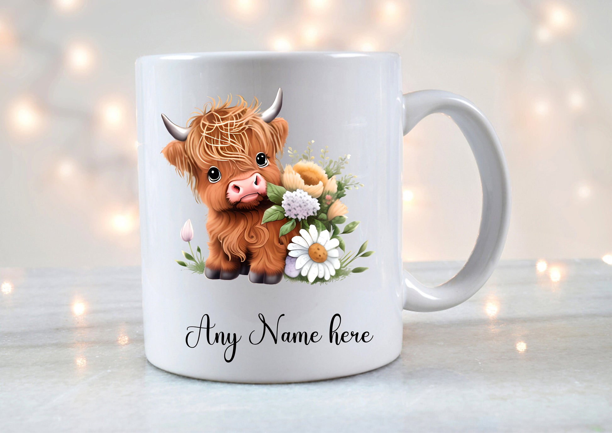Personalised baby highland cow mug with custom name – cute ceramic coffee cup, perfect farm animal gift for her