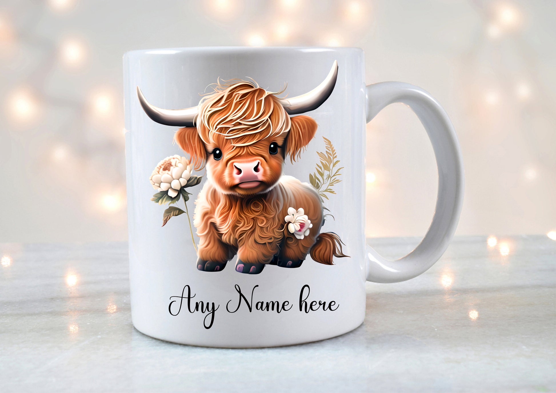 Personalised baby highland cow mug with custom name – cute ceramic coffee cup, perfect farm animal gift for her