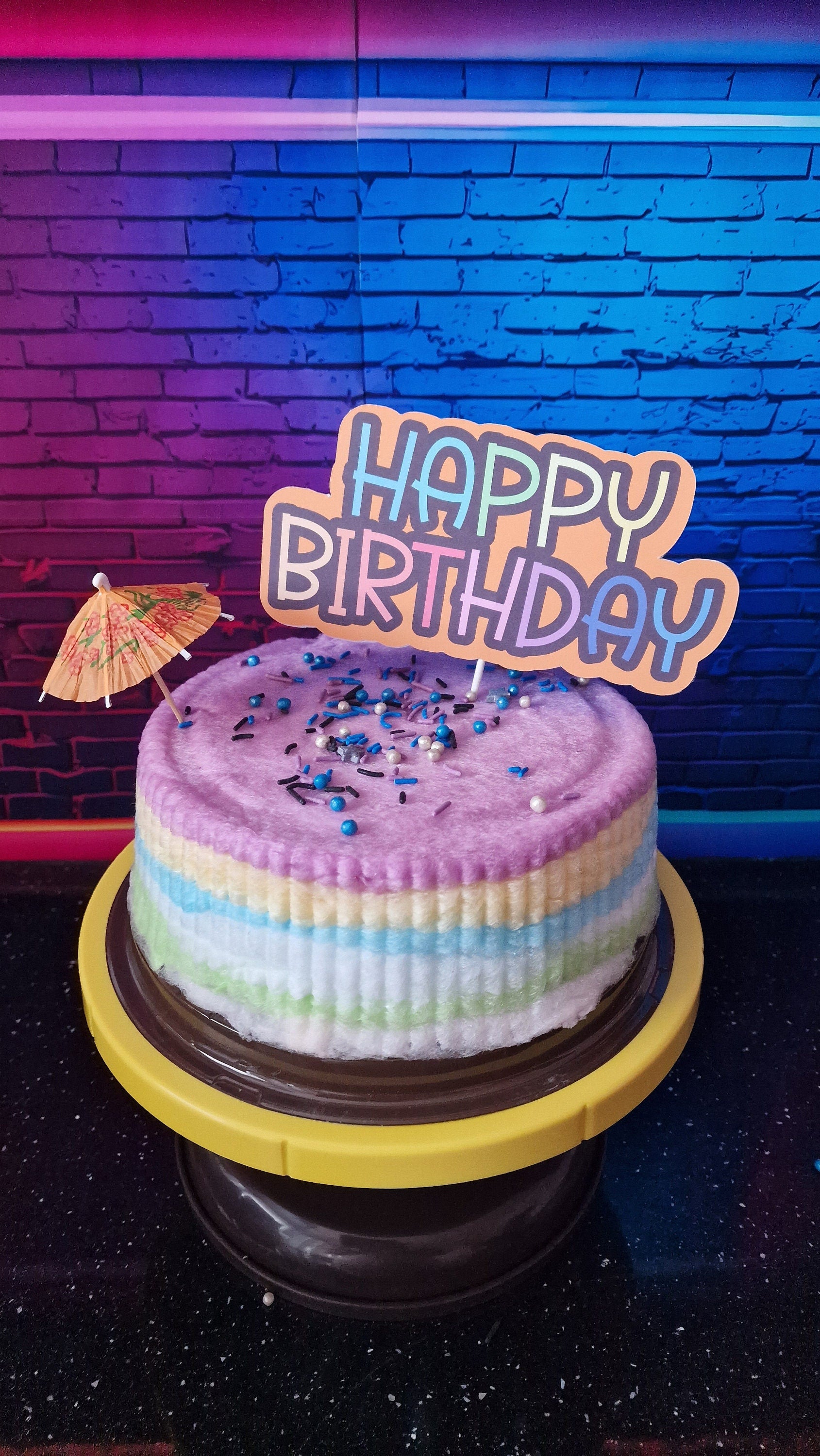 8-inch rainbow candy floss cake with celebration topper, vegan and gluten-free, perfect for birthdays, weddings, or Christmas