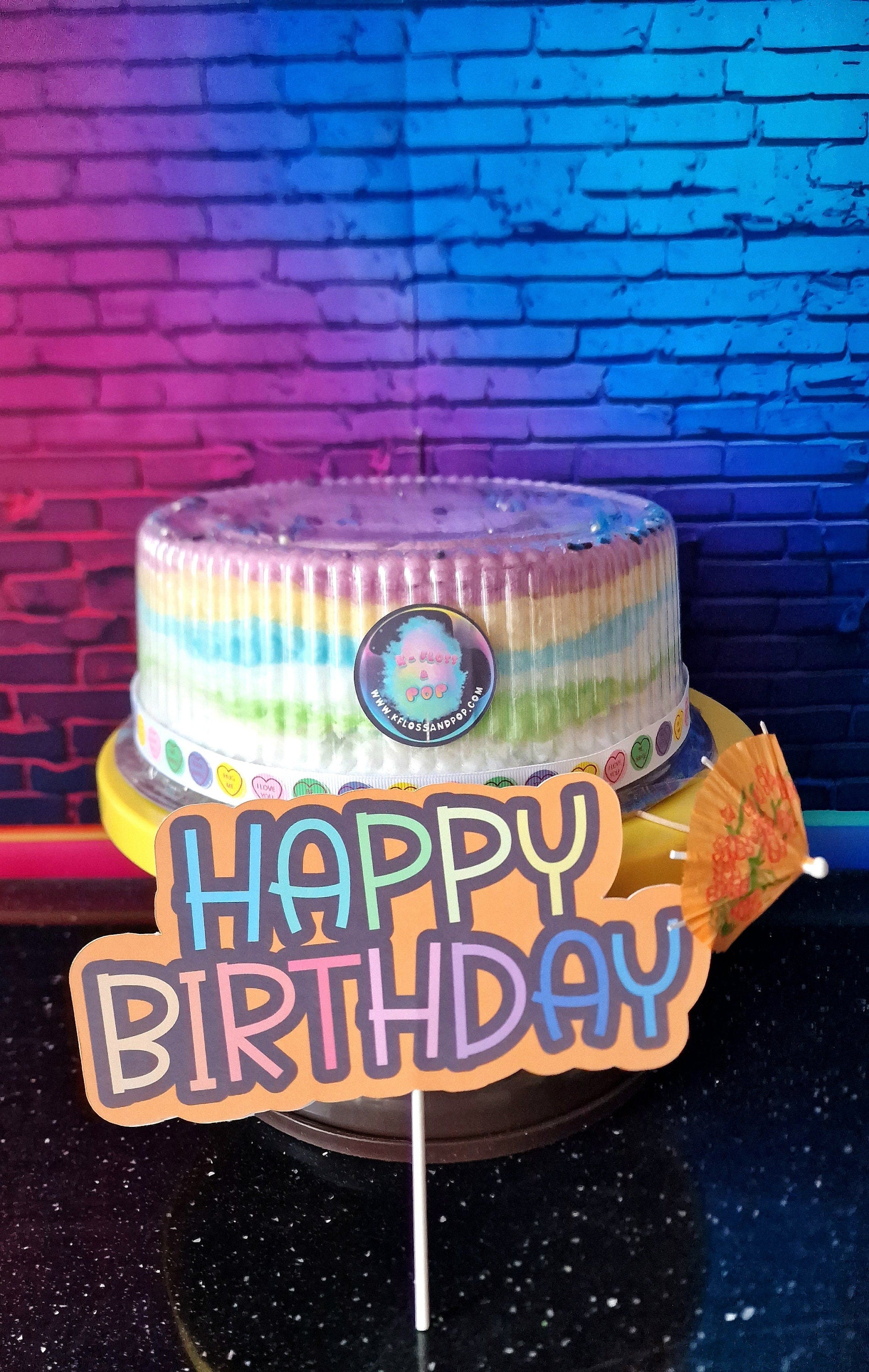 8-inch rainbow candy floss cake with celebration topper, vegan and gluten-free, perfect for birthdays, weddings, or Christmas
