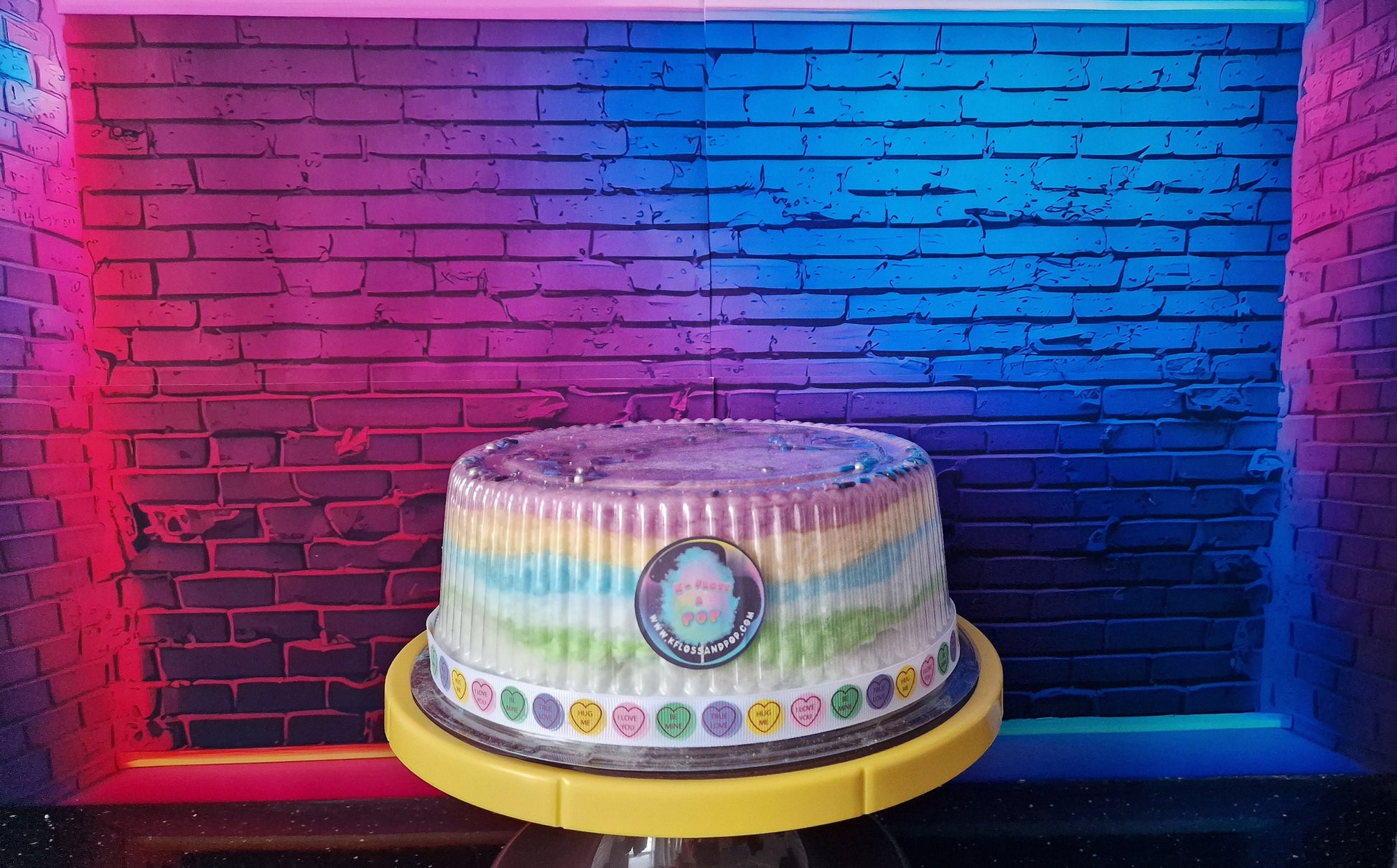 8-inch rainbow candy floss cake with celebration topper, vegan and gluten-free, perfect for birthdays, weddings, or Christmas
