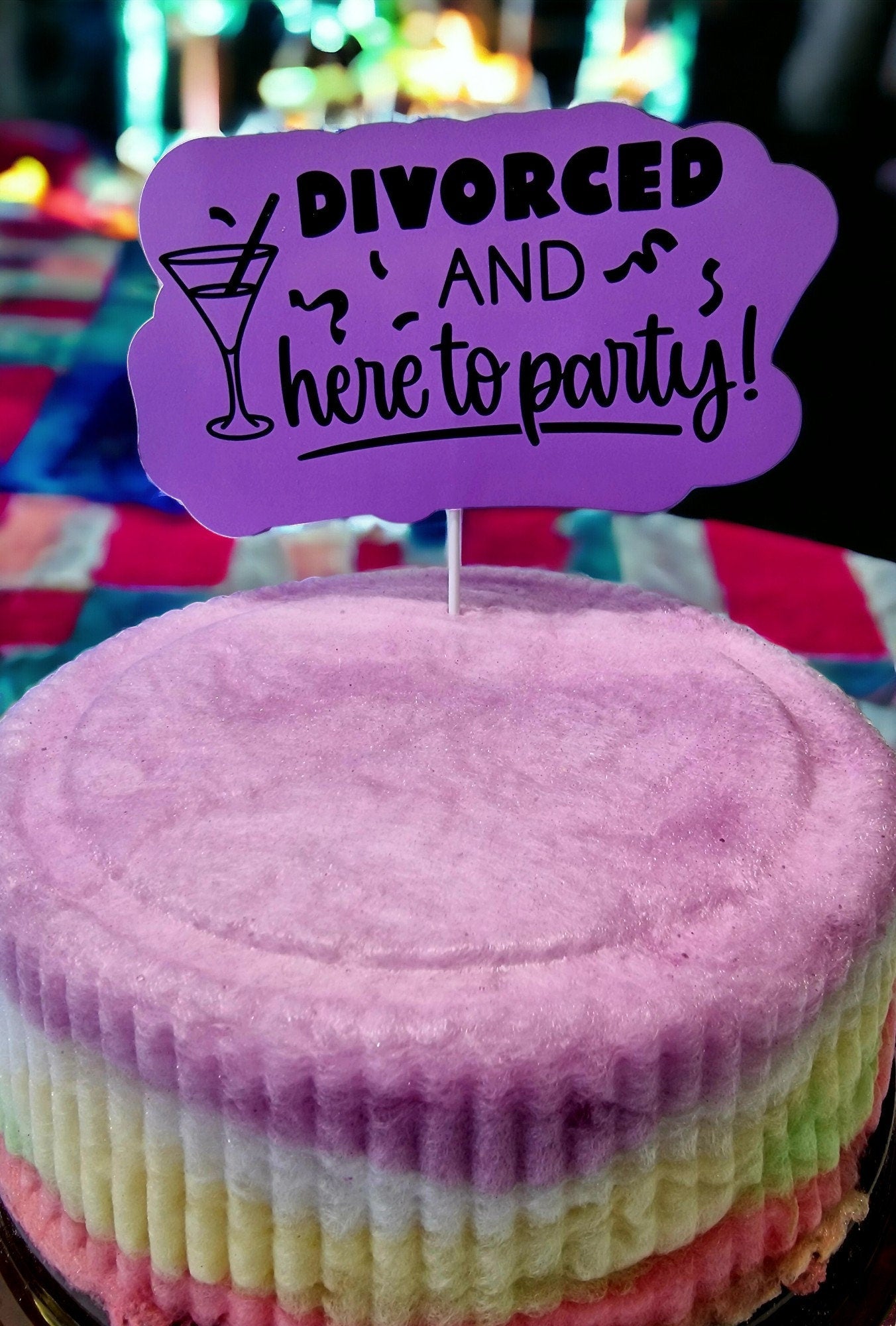 Rainbow candy floss cake with vibrant layers, handmade and vegan – perfect for celebrations, parties, and gifting