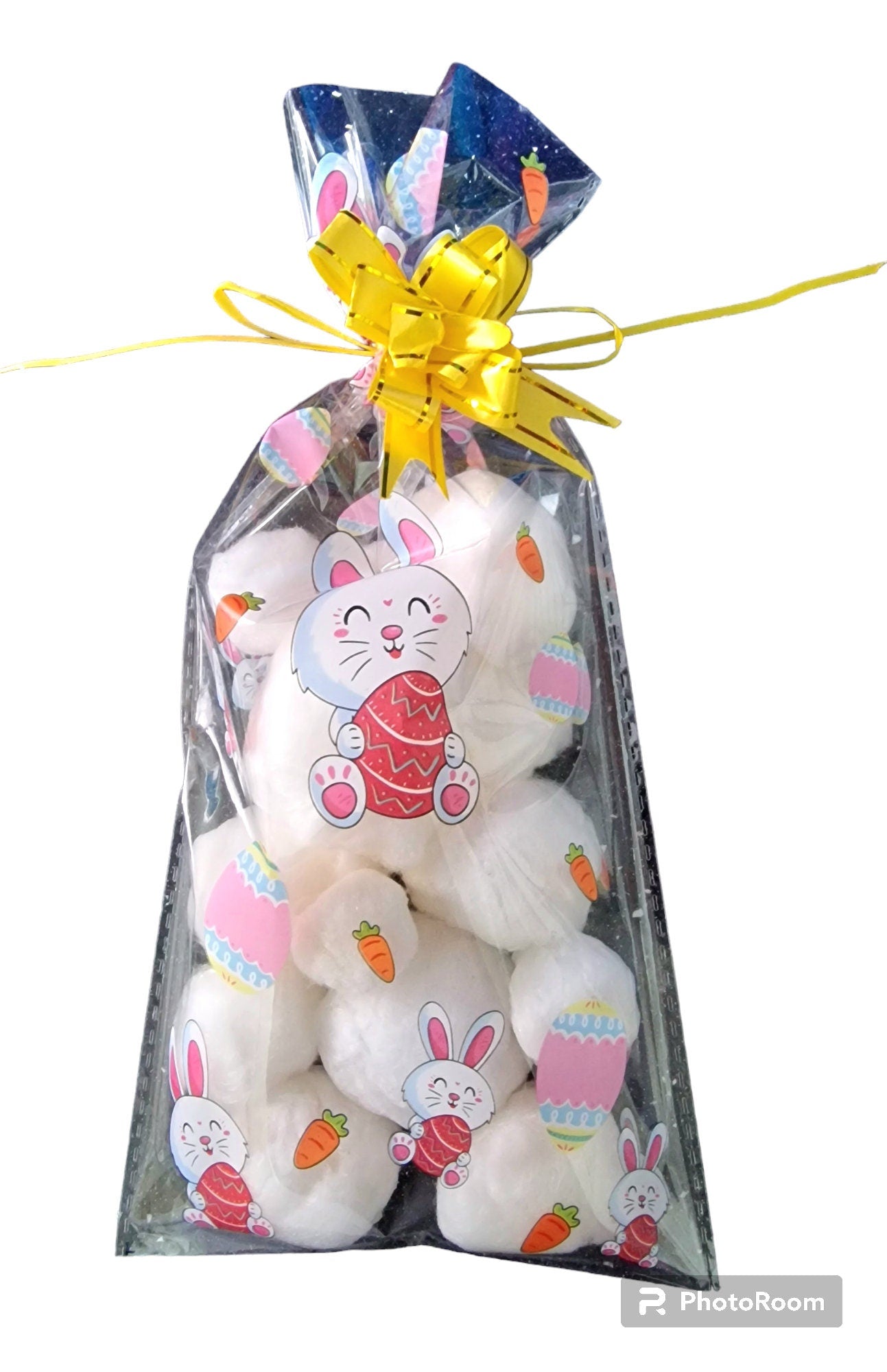 Candy floss bunny tails in clear bags – dairy free, gluten free, allergy-friendly Easter treat for kids and adults