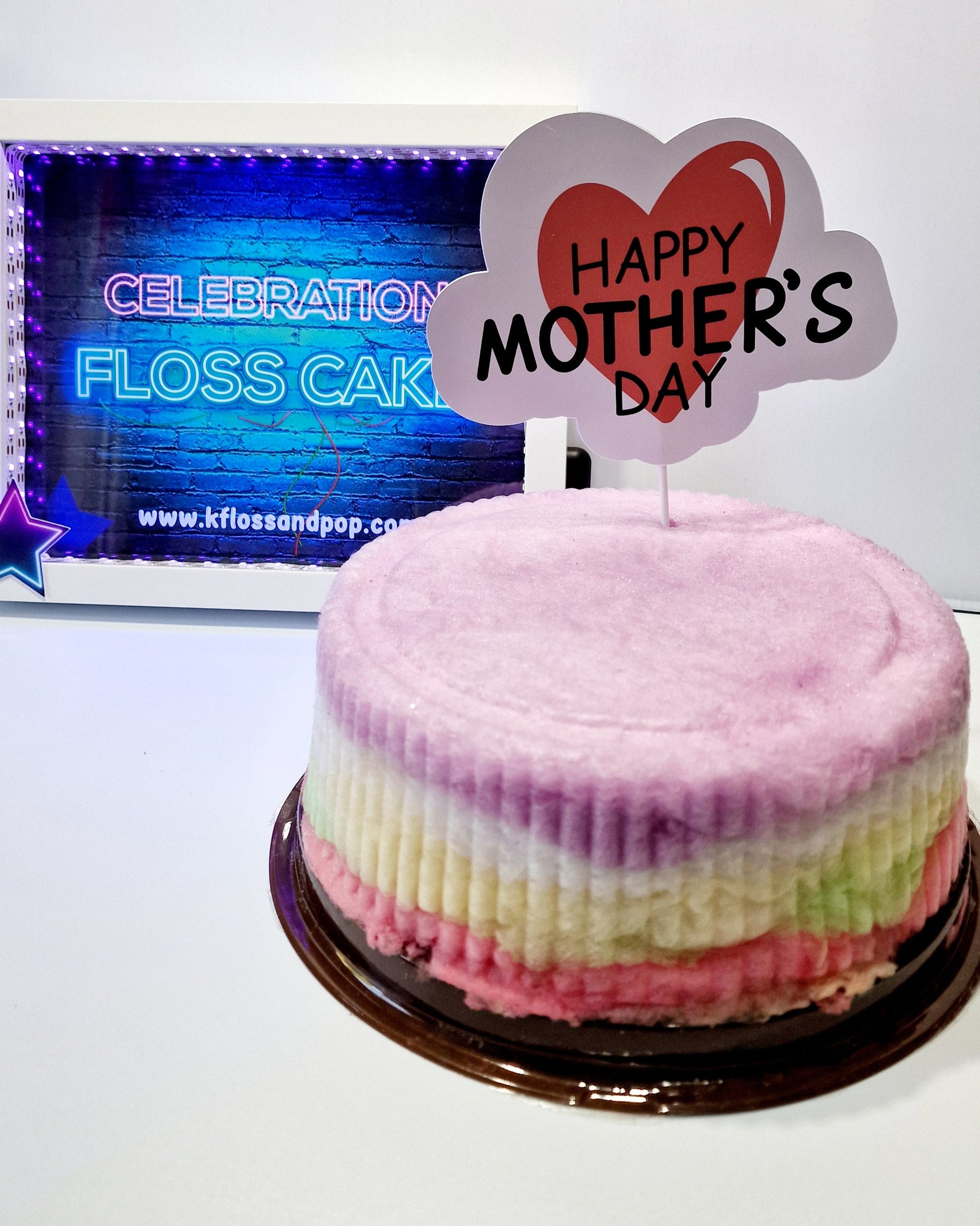 8-inch handmade candy floss cake with custom topper, colourful and vegan – perfect for kids’ birthday or party in the UK