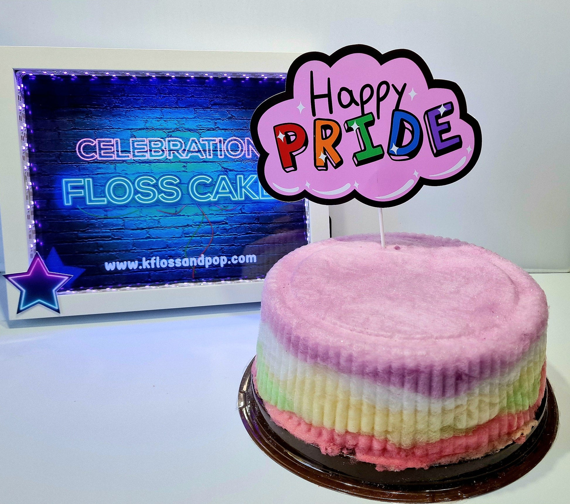 8-inch handmade candy floss cake with custom topper, colourful and vegan – perfect for kids’ birthday or party in the UK