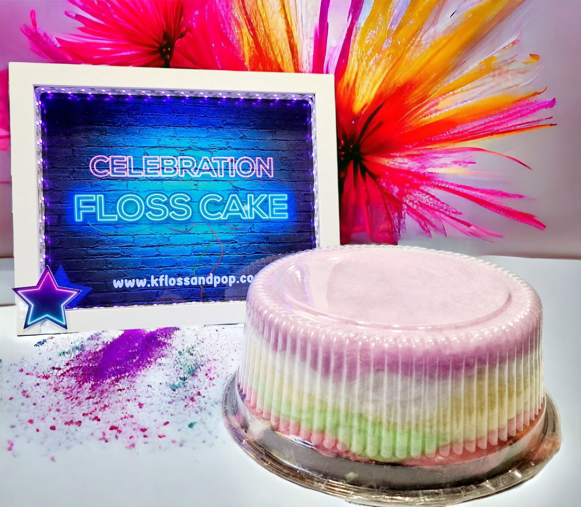 Rainbow candy floss cake with vibrant layers, handmade and vegan – perfect for celebrations, parties, and gifting