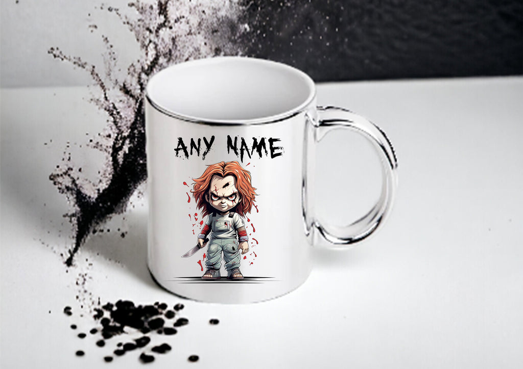 Personalised Chucky mug with Child’s Play design and matching car window sign – unique Halloween or birthday gift