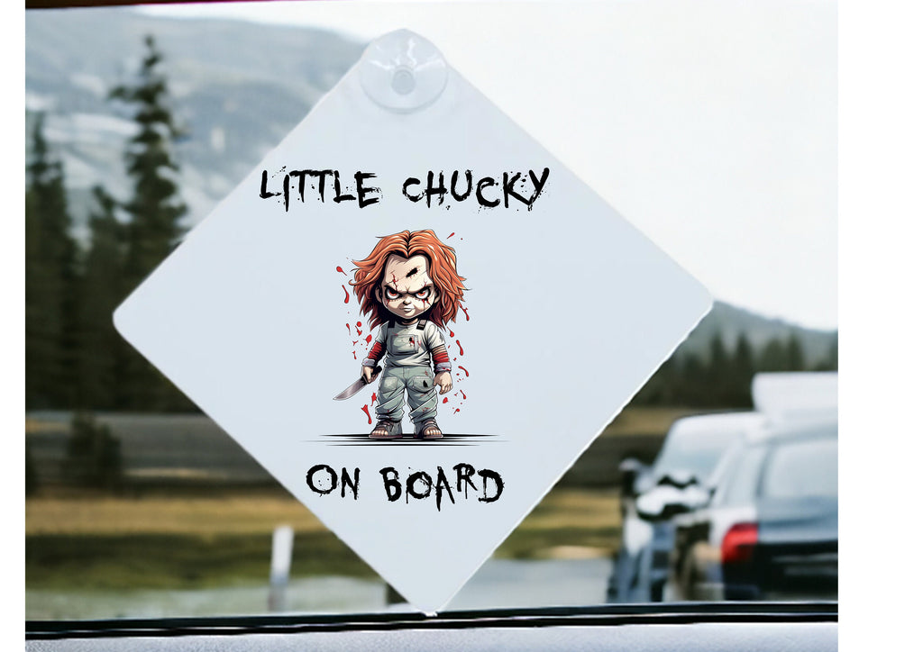 Personalised Chucky mug with Child’s Play design and matching car window sign – unique Halloween or birthday gift