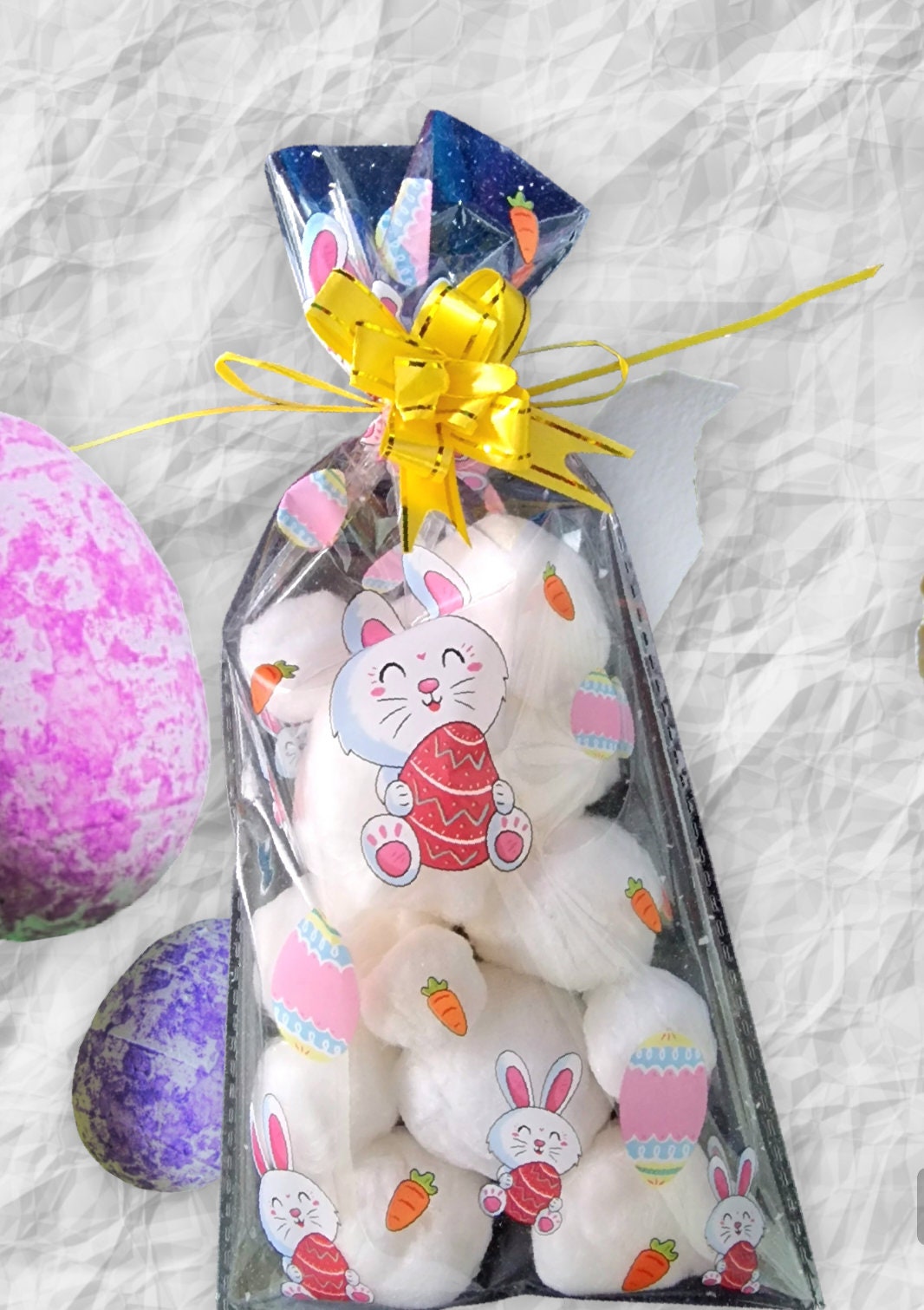 Candy floss bunny tails in clear bags – dairy free, gluten free, allergy-friendly Easter treat for kids and adults