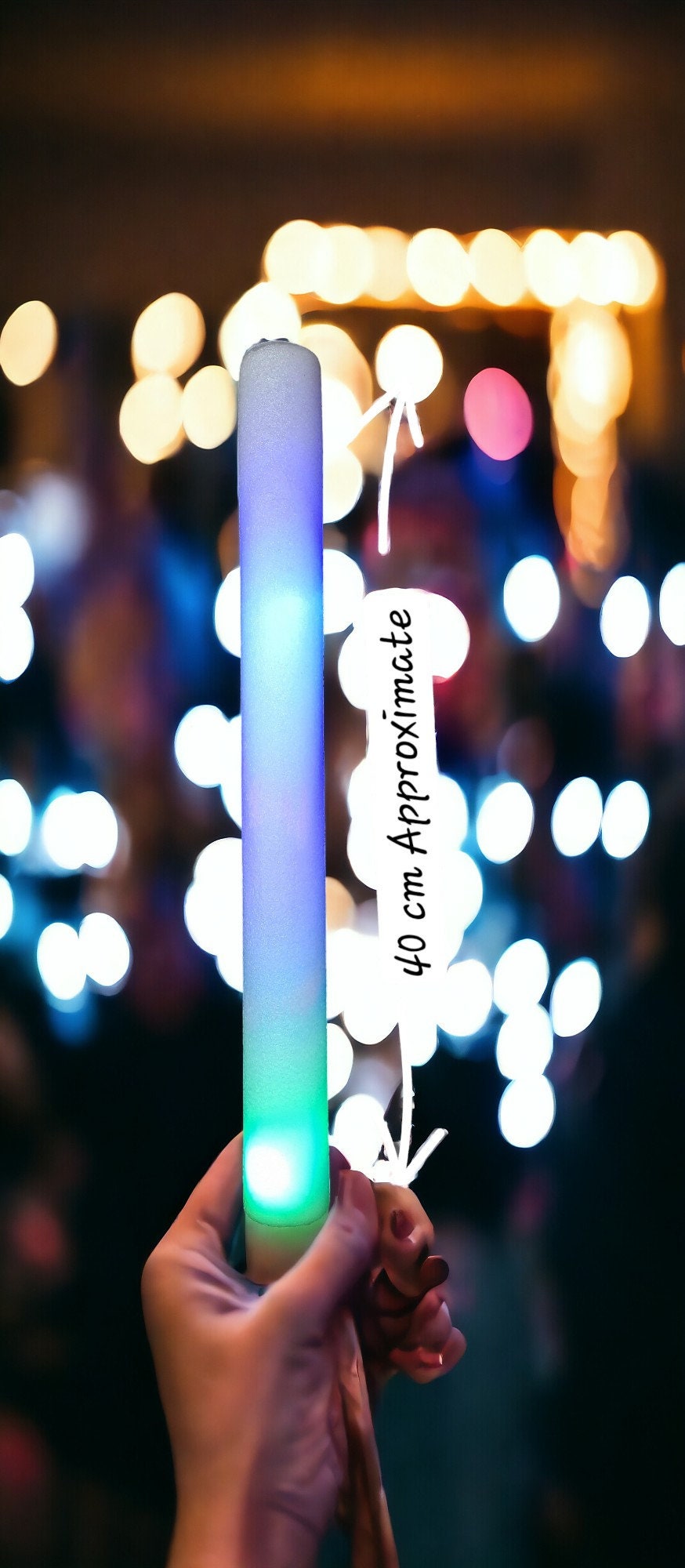 Personalised clear tub containing 10 colourful LED foam glow sticks, ideal for parties, weddings, and children’s celebrations.