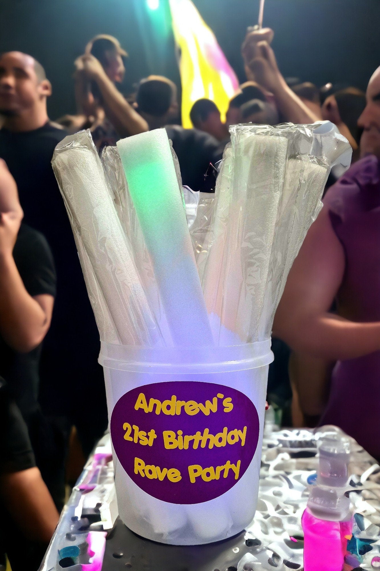Personalised clear tub containing 10 colourful LED foam glow sticks, ideal for parties, weddings, and children’s celebrations.