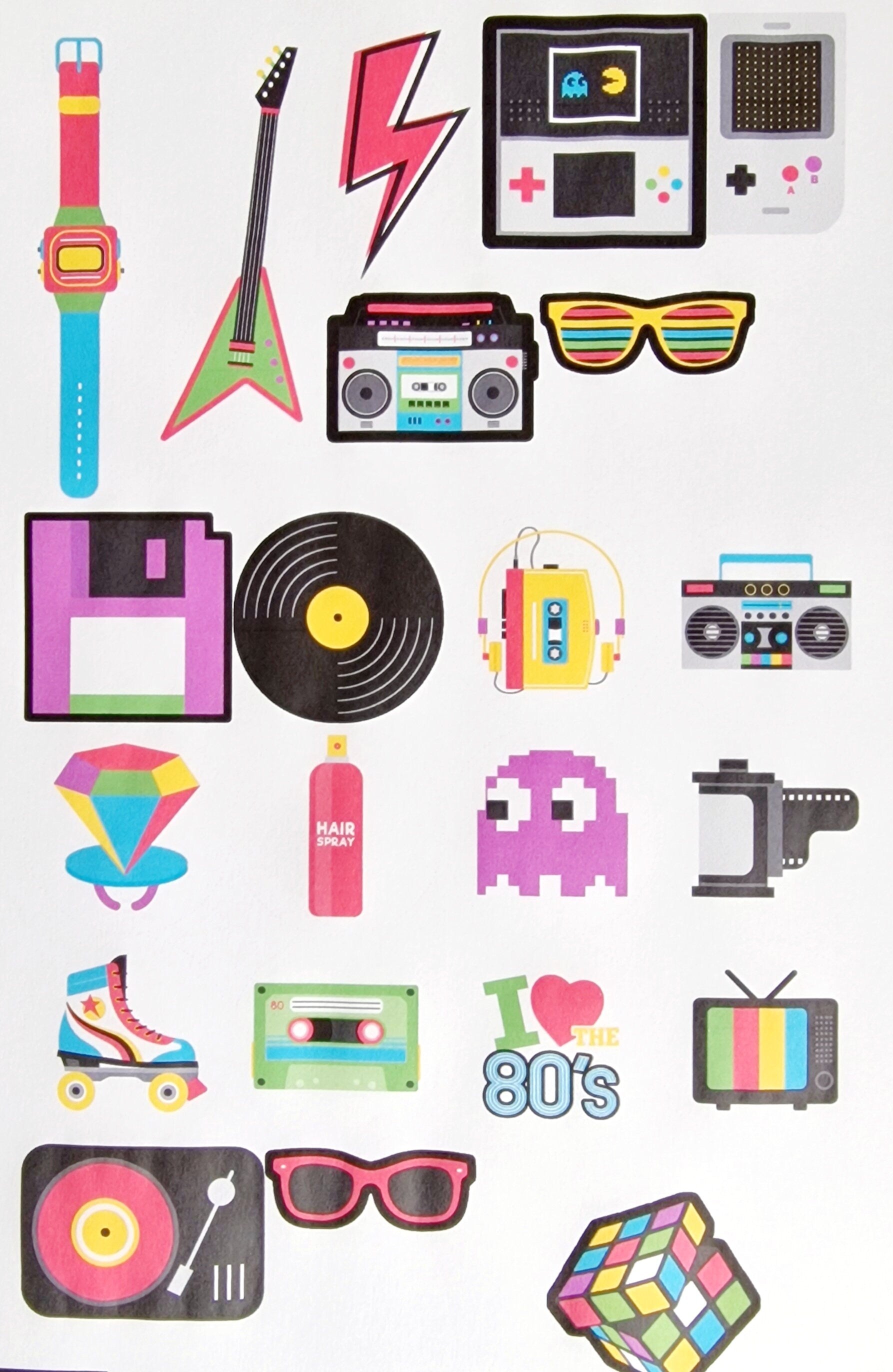 80s Edible Cupcake Toppers | Precut Wafer Paper Retro Icons | Rubik's Cube, Roller Skates, Boom Box – Party Decorations