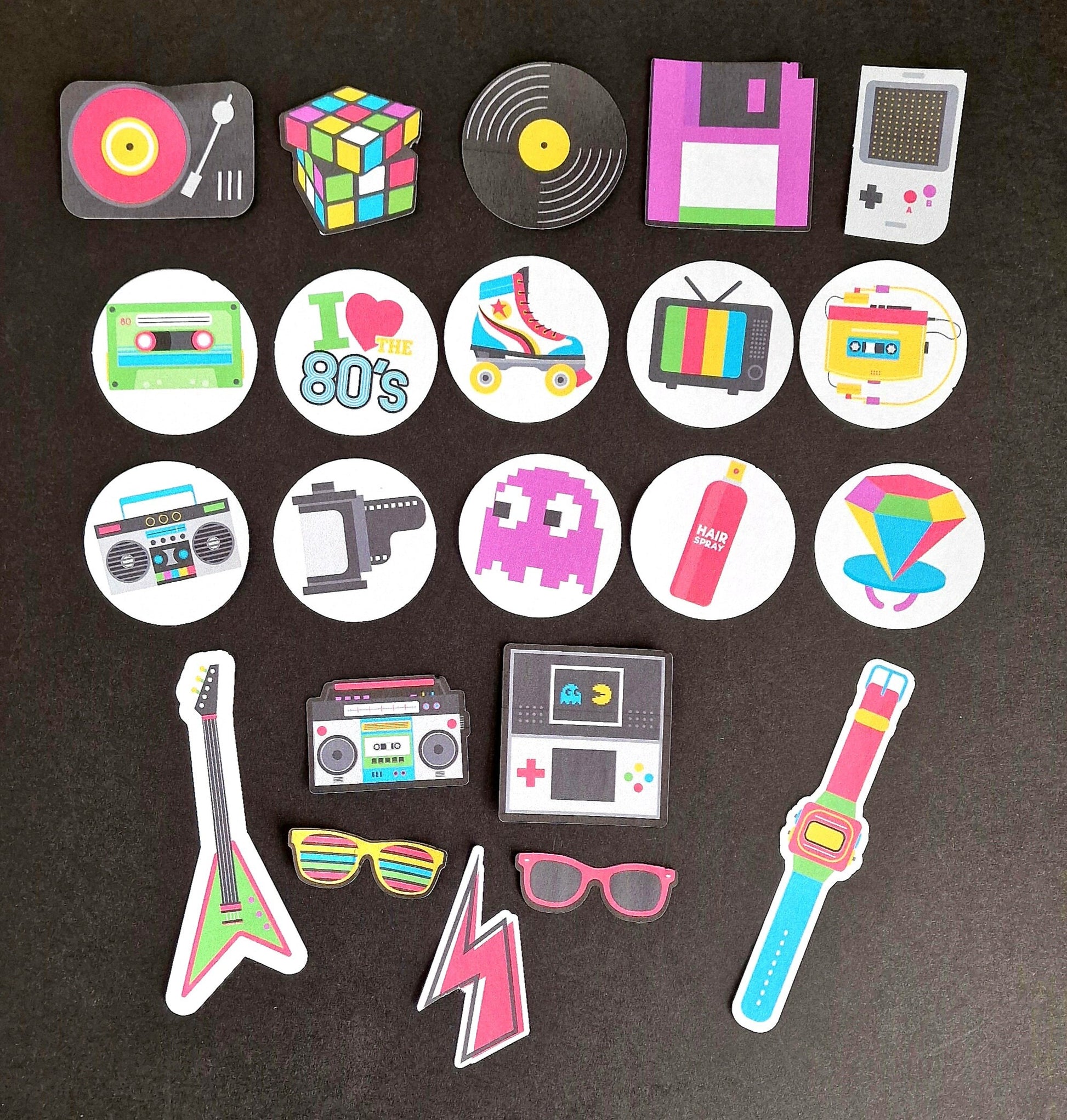 80s Edible Cupcake Toppers | Precut Wafer Paper Retro Icons | Rubik's Cube, Roller Skates, Boom Box – Party Decorations
