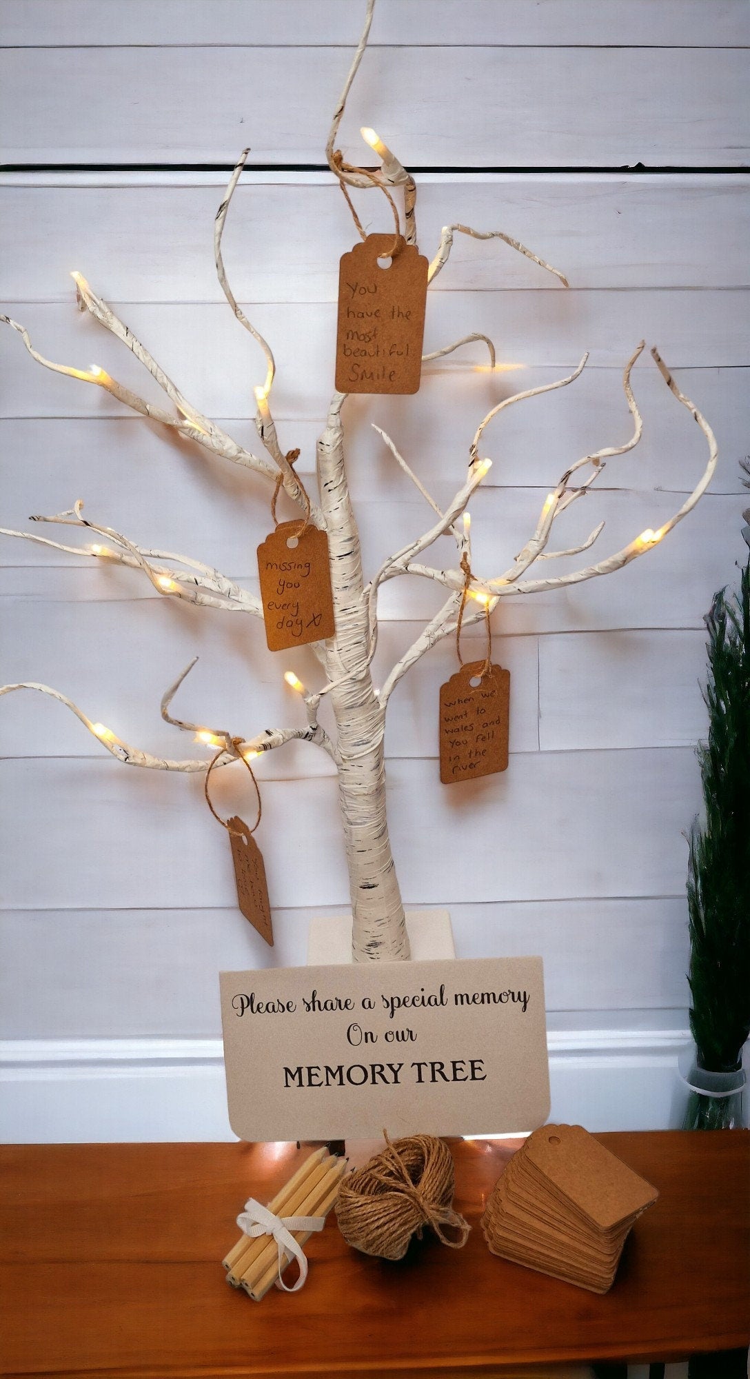 Birch LED memorial tree with 90 memory cards and 6 pencils, ideal for funeral remembrance or celebration of life ceremonies.