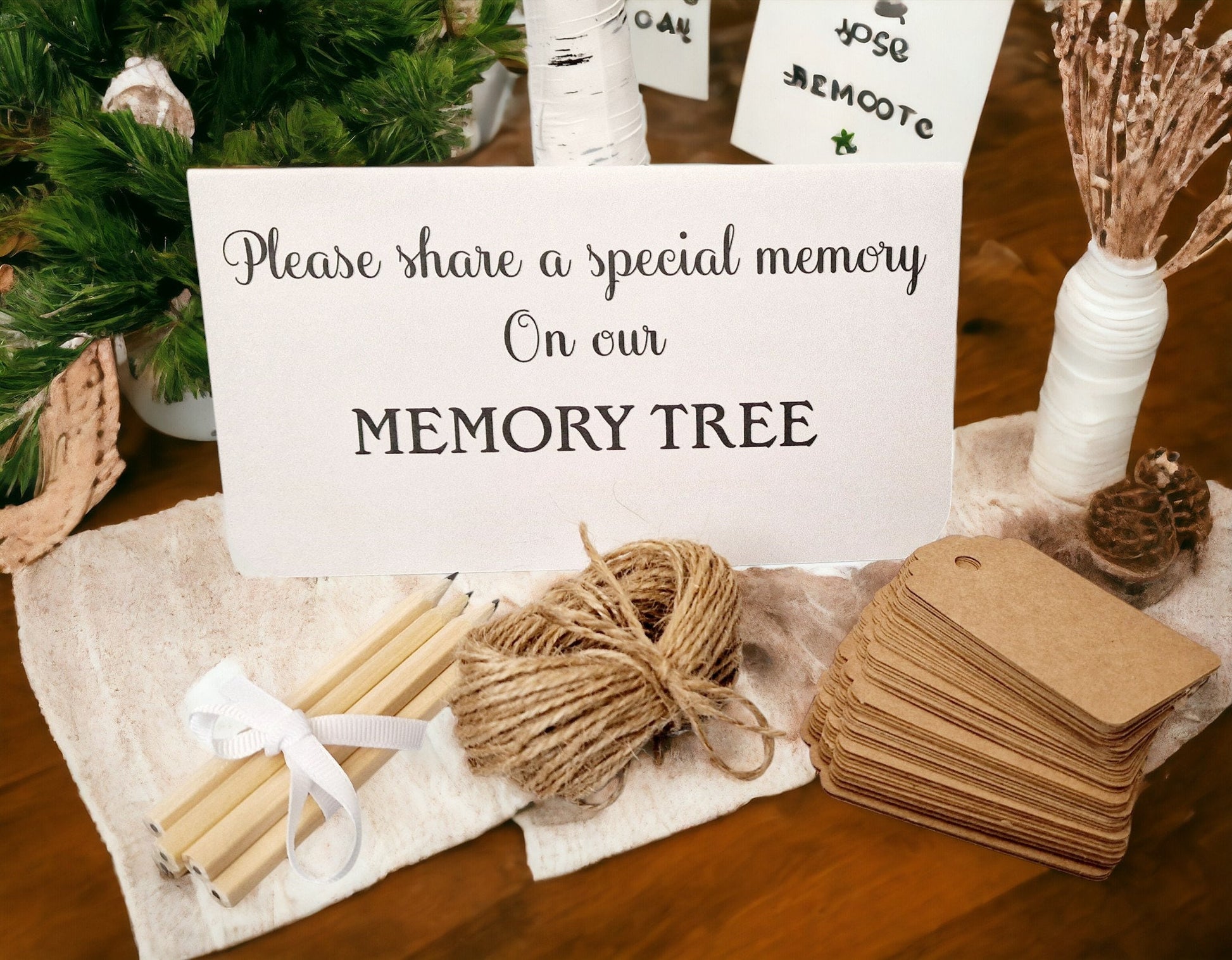 Birch LED memorial tree with 90 memory cards and 6 pencils, ideal for funeral remembrance or celebration of life ceremonies.