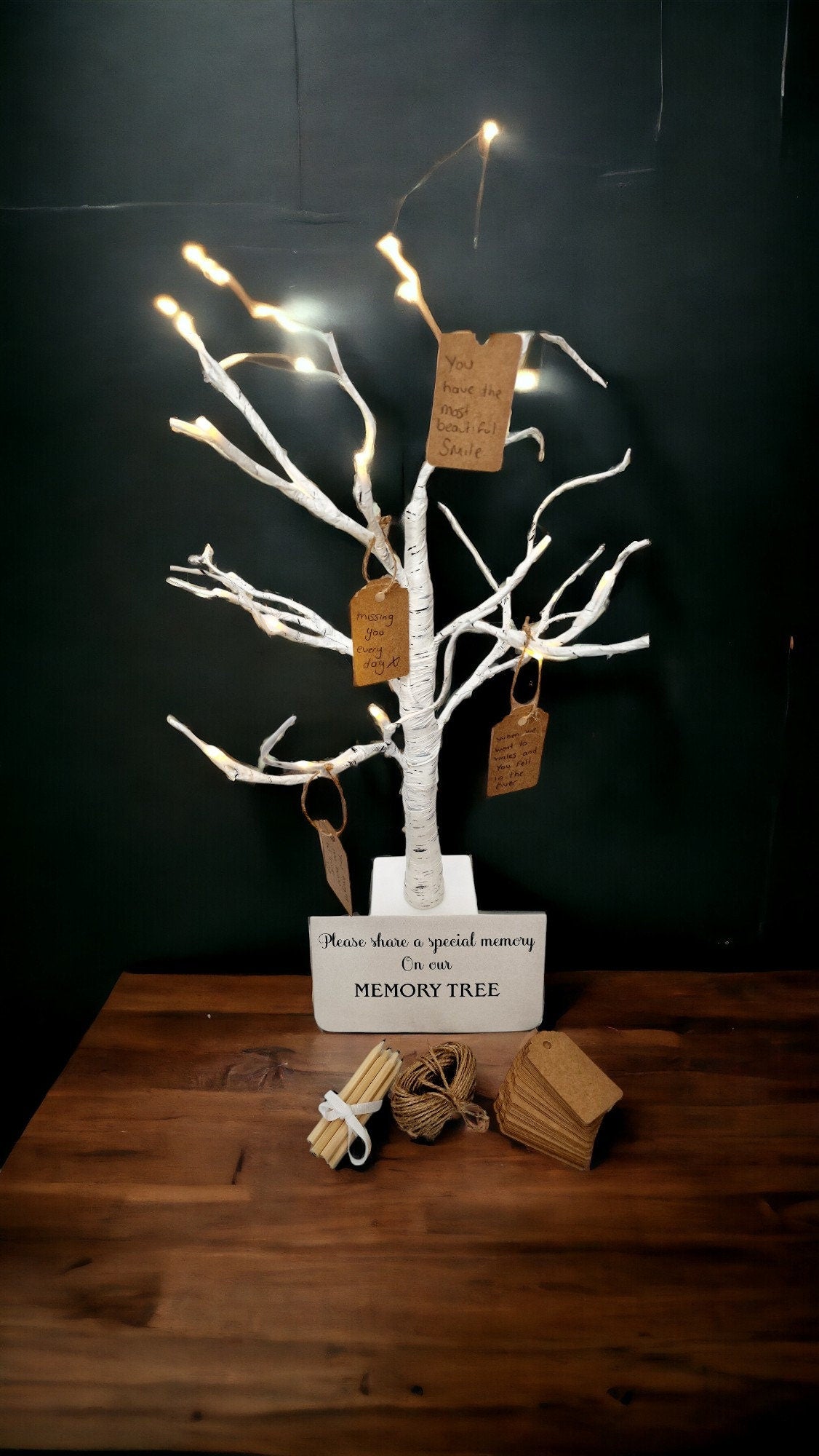 Birch LED memorial tree with 90 memory cards and 6 pencils, ideal for funeral remembrance or celebration of life ceremonies.