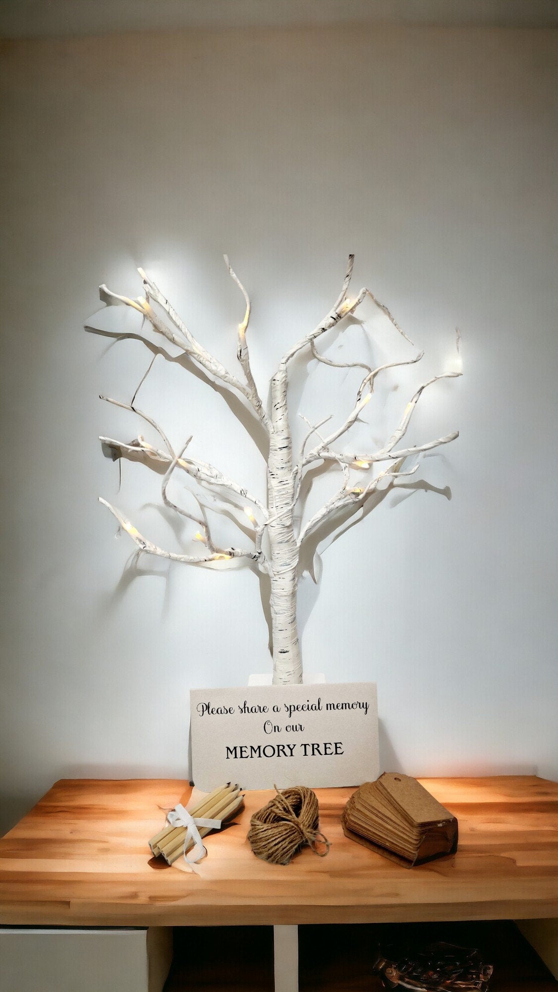 Birch LED memorial tree with 90 memory cards and 6 pencils, ideal for funeral remembrance or celebration of life ceremonies.