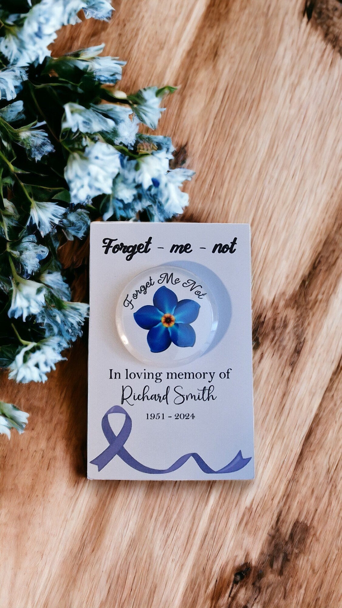 Set of 20 personalised In Loving Memory keepsake badges for funerals, displayed on a white background with custom text.