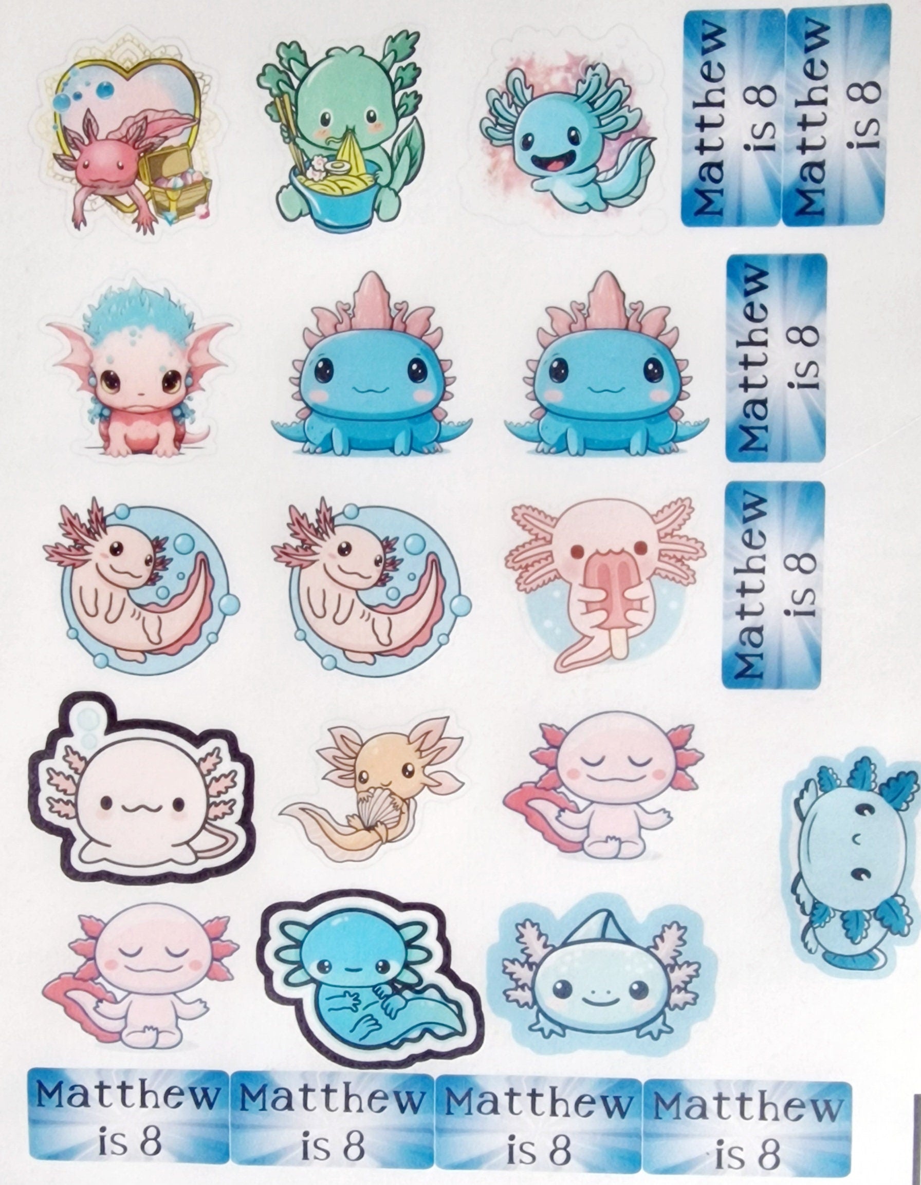 Axolotl Edible Cake Toppers | Personalised Name & Age | 32x Pre-Cut Cupcake Decorations | Wafer Paper | Cute Birthday Party Decor