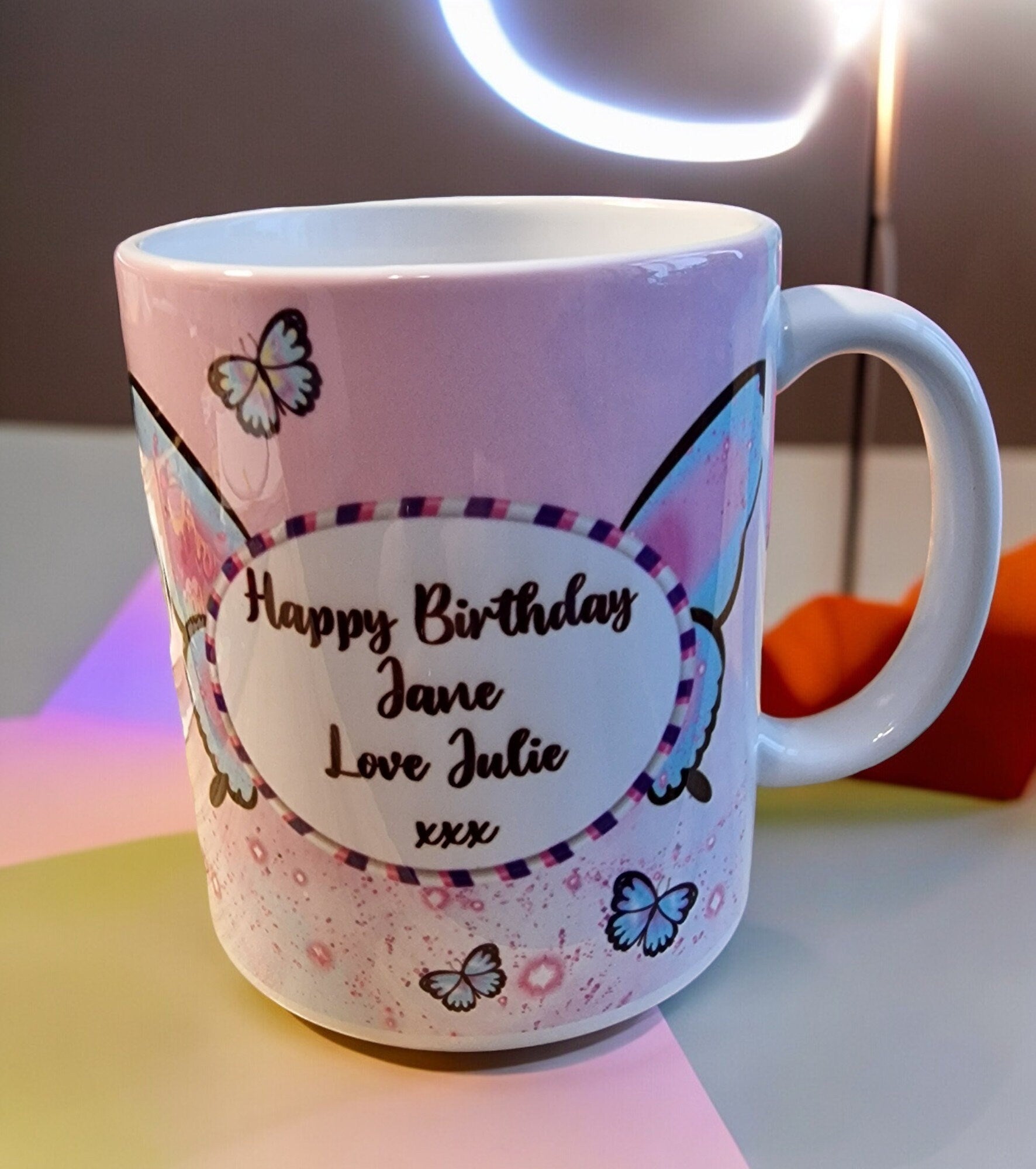 Personalised birthday mug. Special print butterfly, gonk 18th 21st 40th 50th 60th
