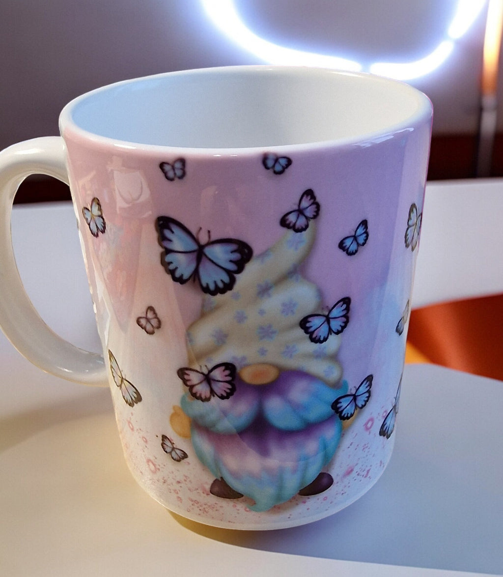 Personalised birthday mug. Special print butterfly, gonk 18th 21st 40th 50th 60th