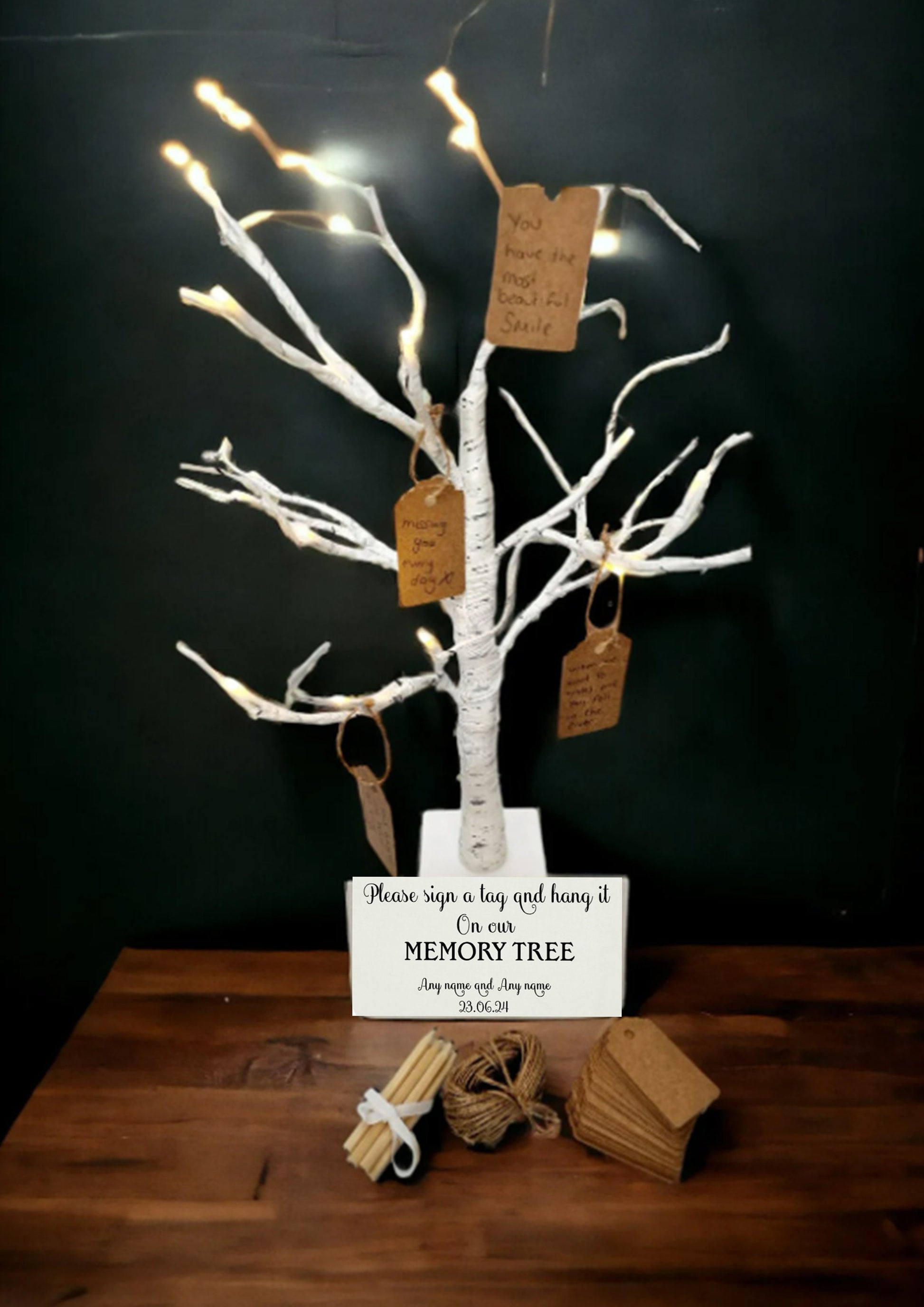 Personalised birch LED wedding guest book tree with 100 memory cards and 6 pencils, an alternative guest book for special occasions.