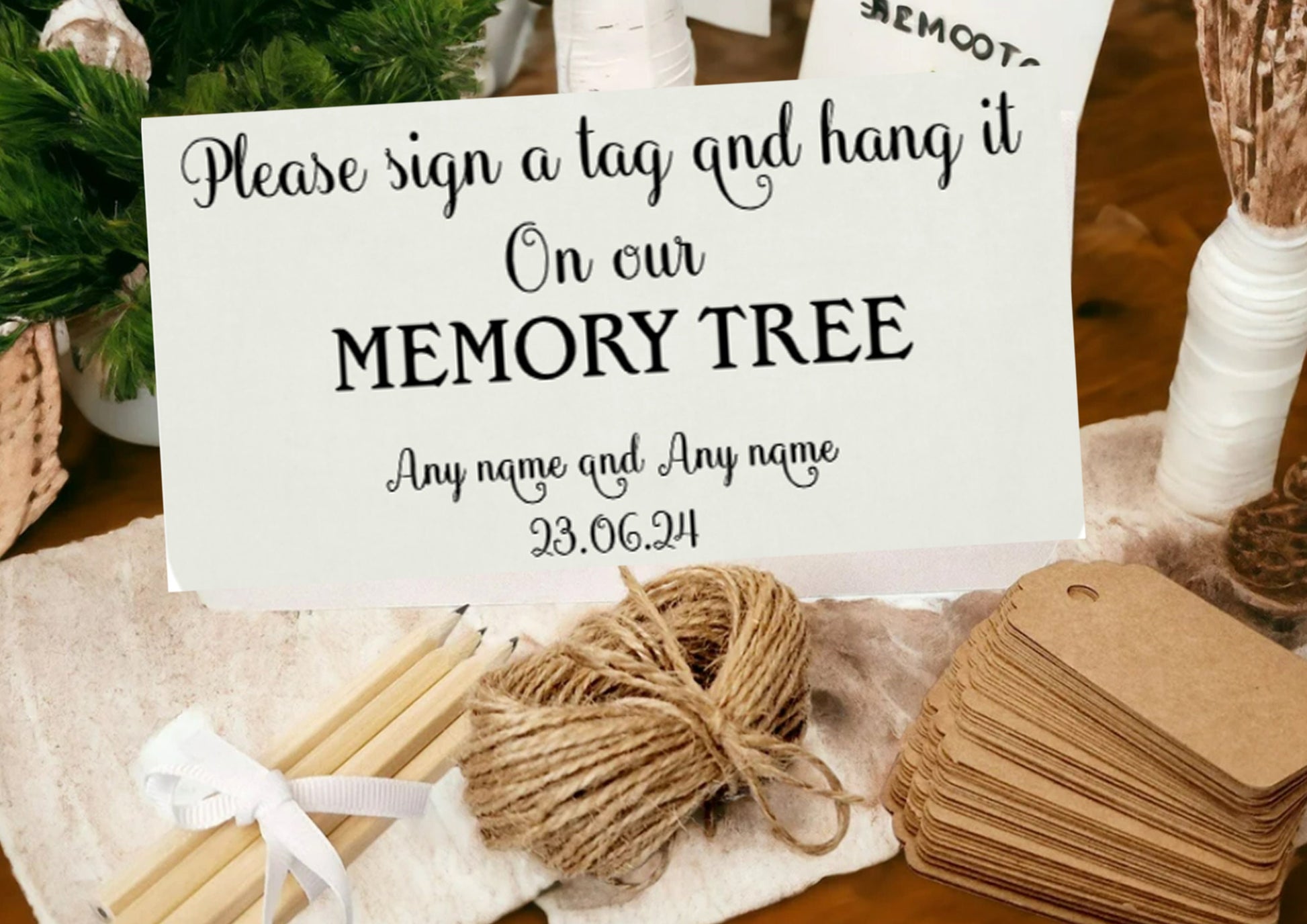 Personalised birch LED wedding guest book tree with 100 memory cards and 6 pencils, an alternative guest book for special occasions.