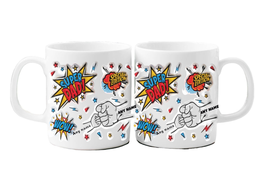White ceramic mug with comic book “Super Dad!” and “Special Edition” graphics, plus a fist-bump illustration personalised with kids’ names