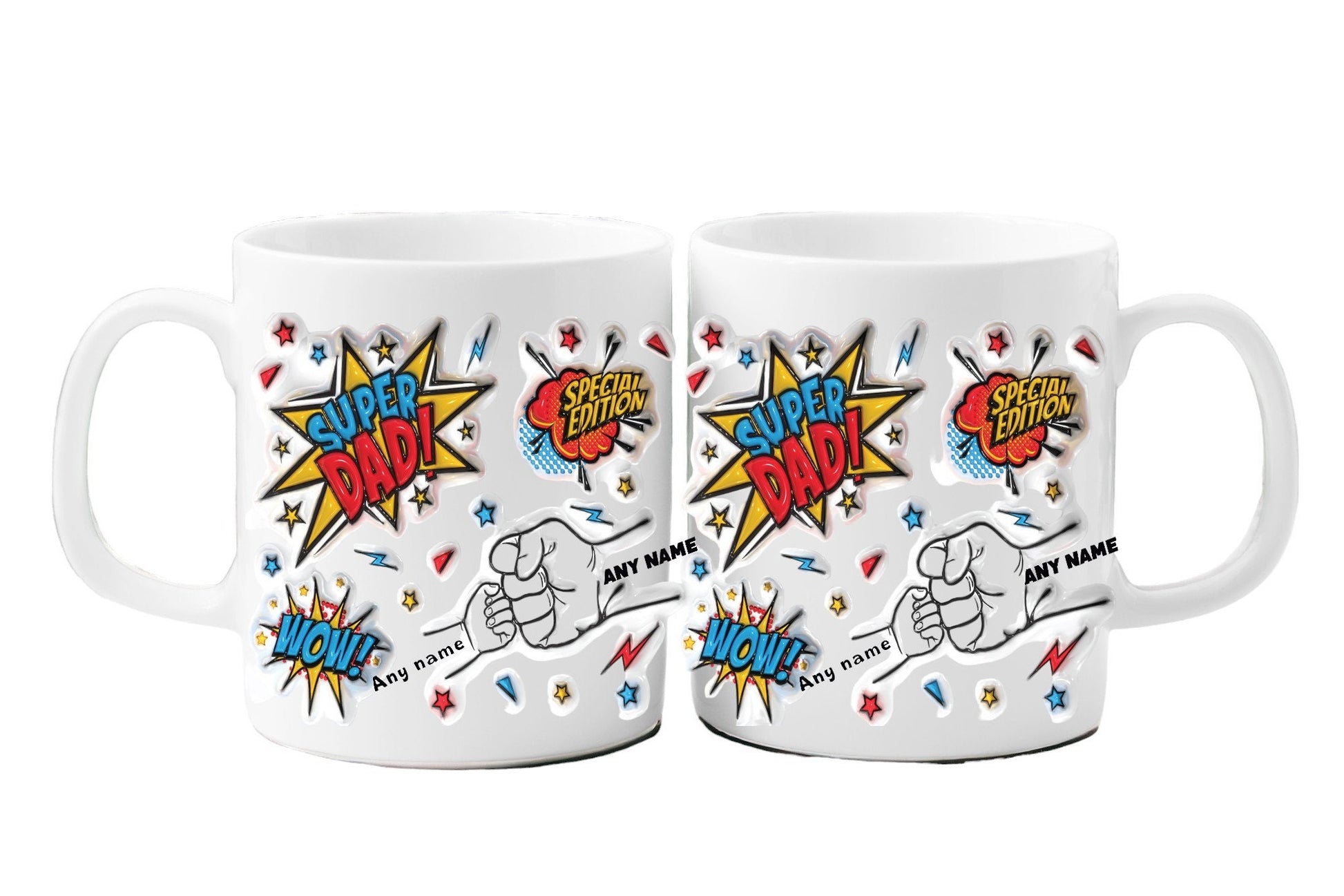 White ceramic mug with comic book “Super Dad!” and “Special Edition” graphics, plus a fist-bump illustration personalised with kids’ names