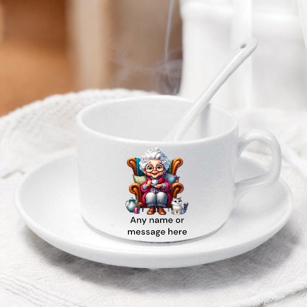 Personalised Grandma Gifts - Elegant Personalised Teacup Set with Cup, Saucer, and Spoon - Luxurious 4oz Hot Drink Nan Coffee Set