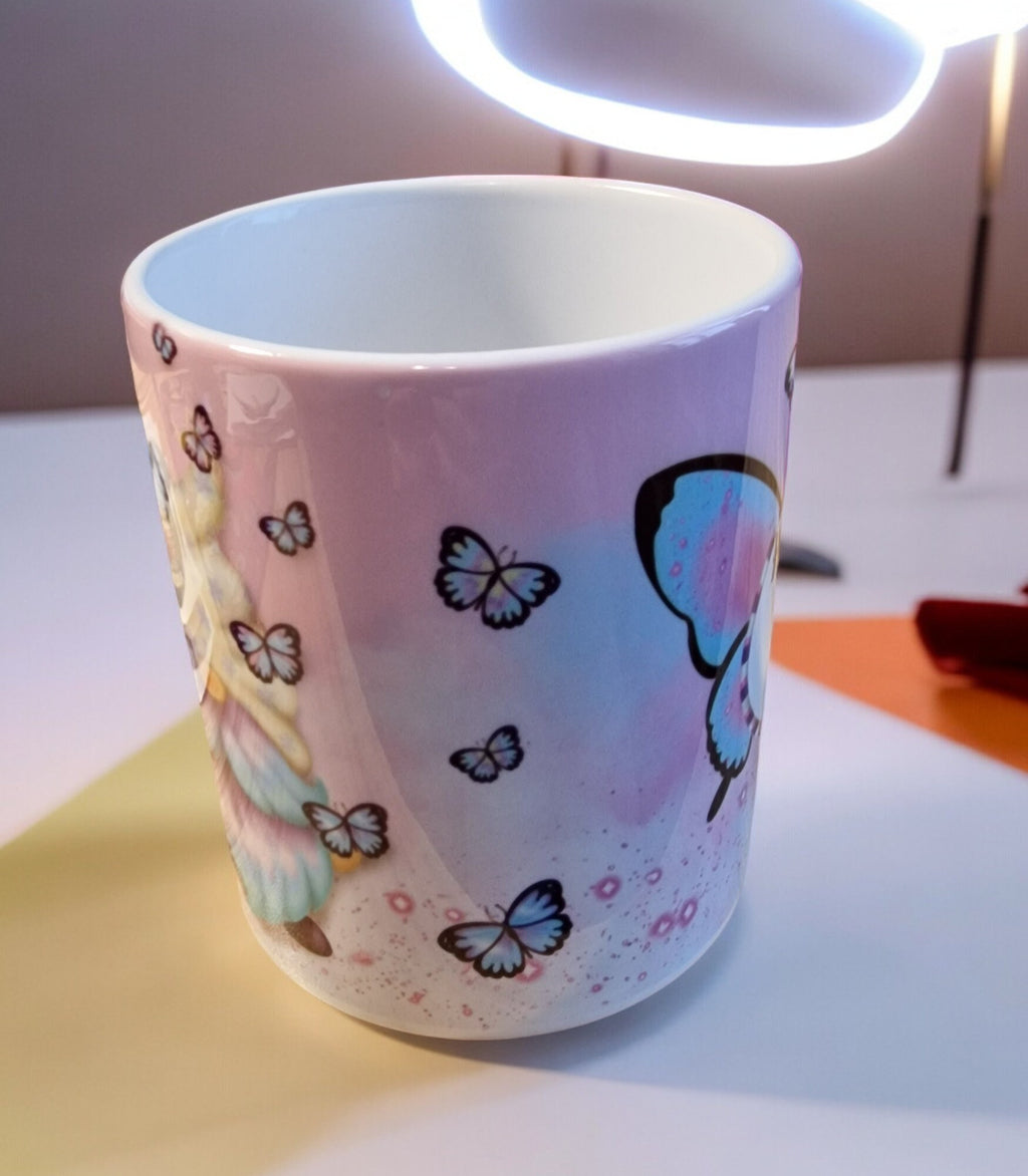 Personalised birthday mug. Special print butterfly, gonk 18th 21st 40th 50th 60th