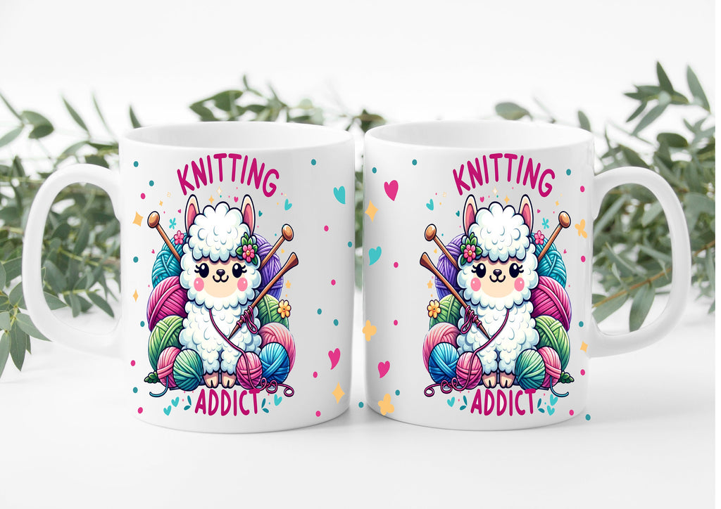 Knitting Addict mug with cute sheep and yarn design – funny gift for knitters, Secret Santa, or birthday present