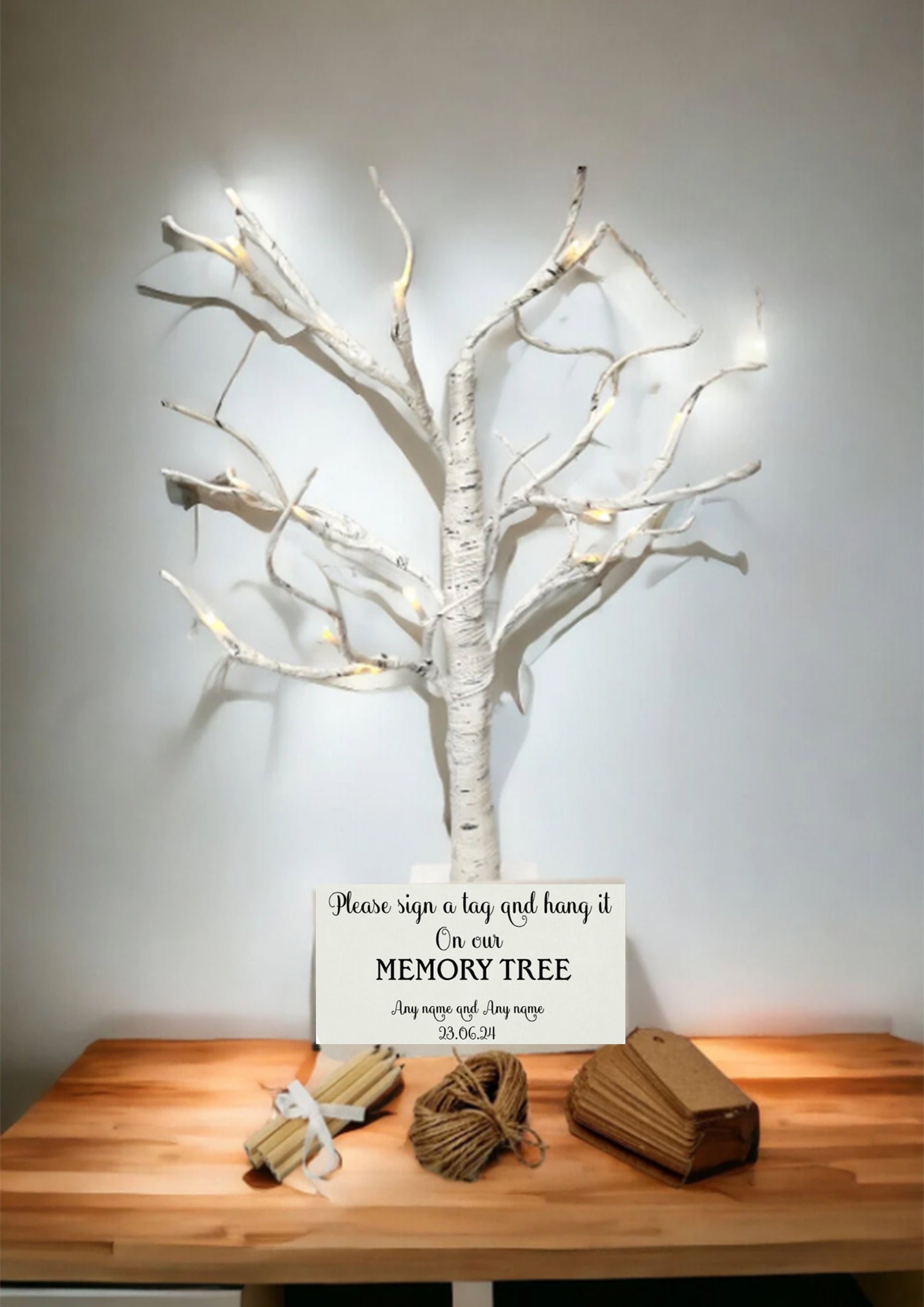 Personalised birch LED wedding guest book tree with 100 memory cards and 6 pencils, an alternative guest book for special occasions.