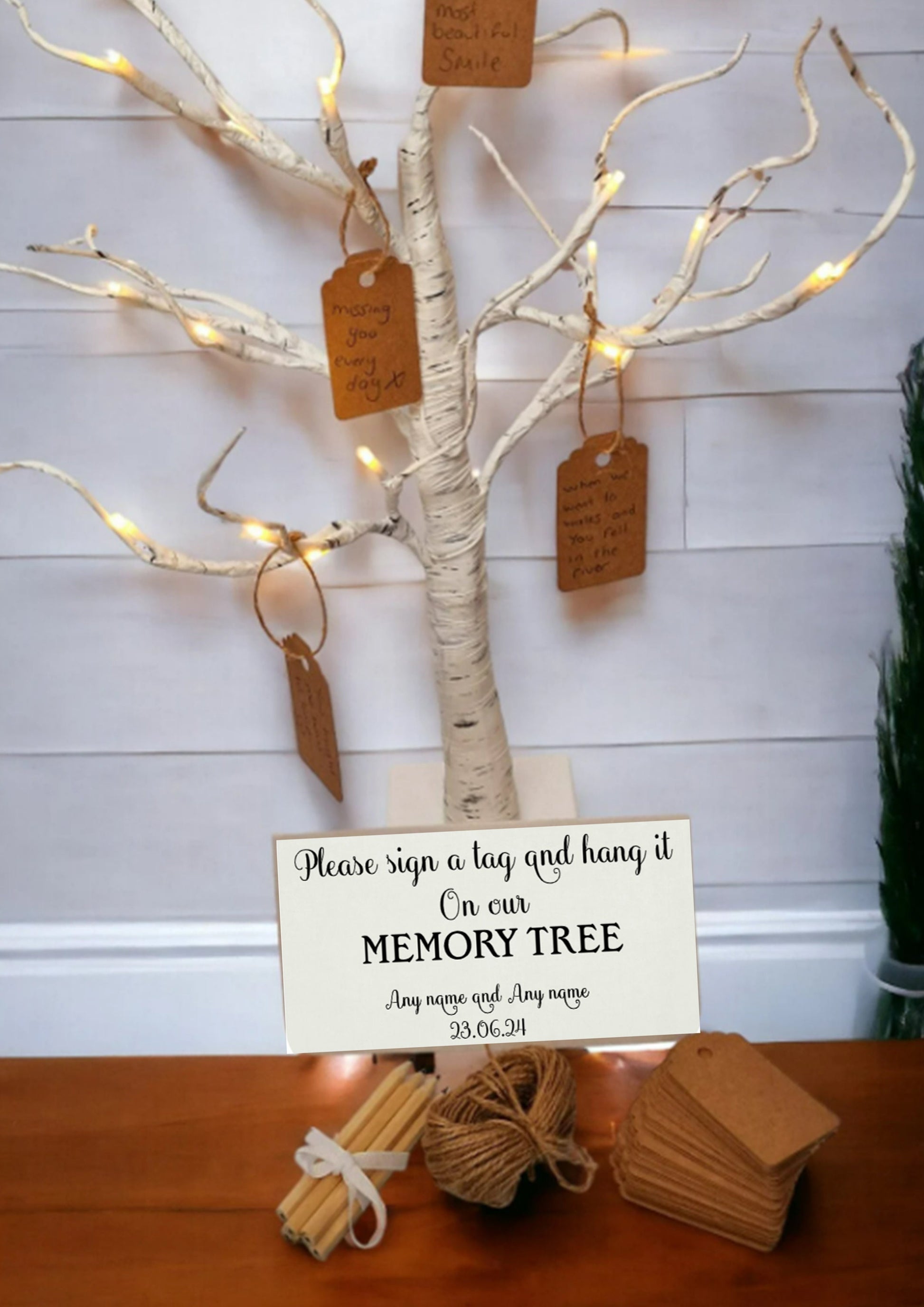 Personalised birch LED wedding guest book tree with 100 memory cards and 6 pencils, an alternative guest book for special occasions.