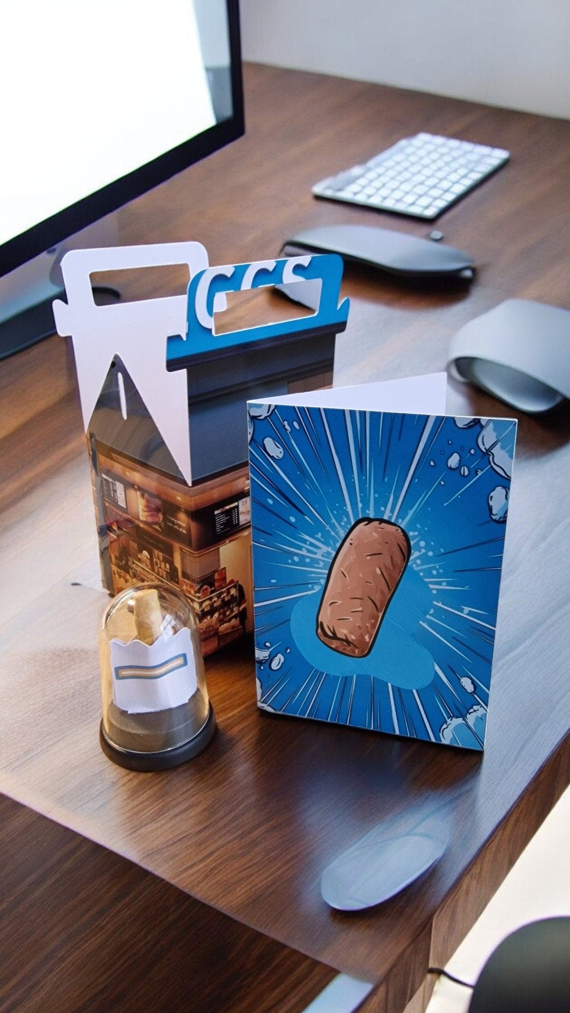 Miniature sausage roll in a clear dome with gift card and box – unique novelty birthday or Christmas gift