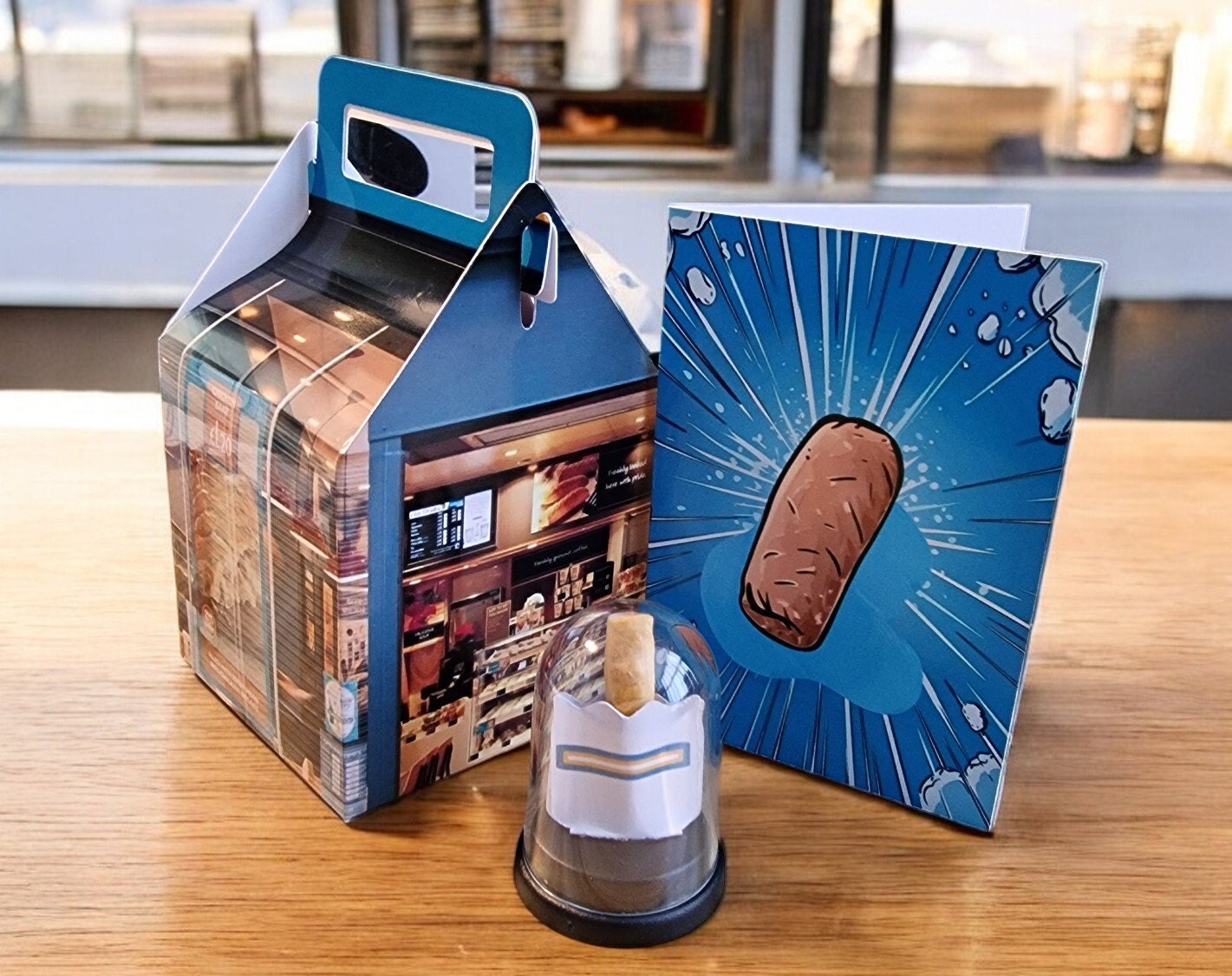 Miniature sausage roll in a clear dome with gift card and box – unique novelty birthday or Christmas gift