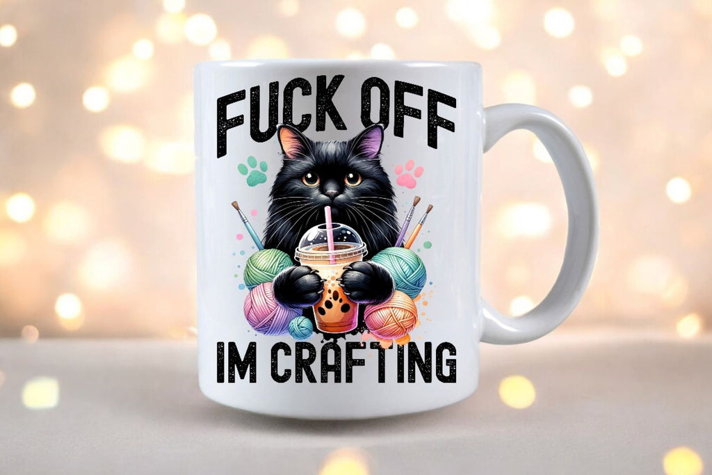 Funny Fuck Off Im Crafting 11 Fl Oz Glossy Mug Cat, crochet or knitting enthusiast
