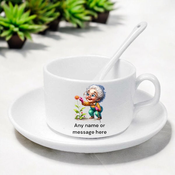 Personalised Grandma Gifts - Elegant Personalised Teacup Set with Cup, Saucer, and Spoon - Luxurious 4oz Hot Drink Nan Coffee Set