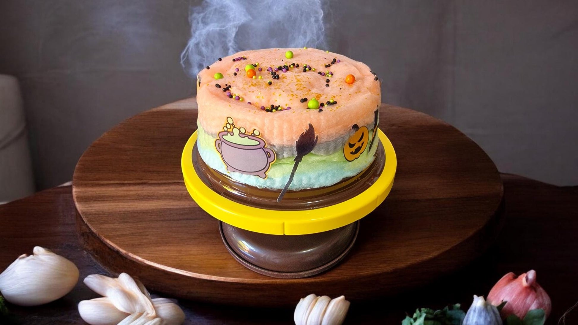 Halloween-themed candy floss cake with spooky decorations, vegan and gluten-free, handmade and ready for party