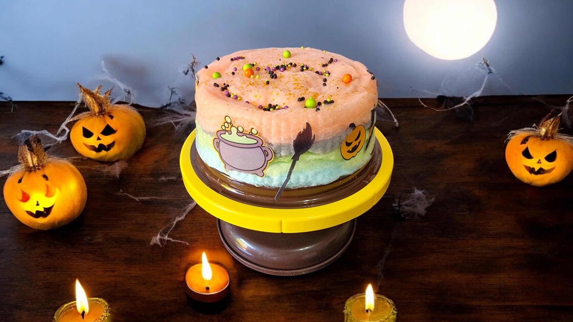 Halloween-themed candy floss cake with spooky decorations, vegan and gluten-free, handmade and ready for party