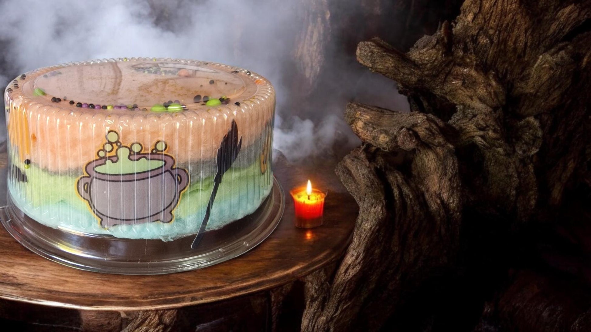 Halloween-themed candy floss cake with spooky decorations, vegan and gluten-free, handmade and ready for party